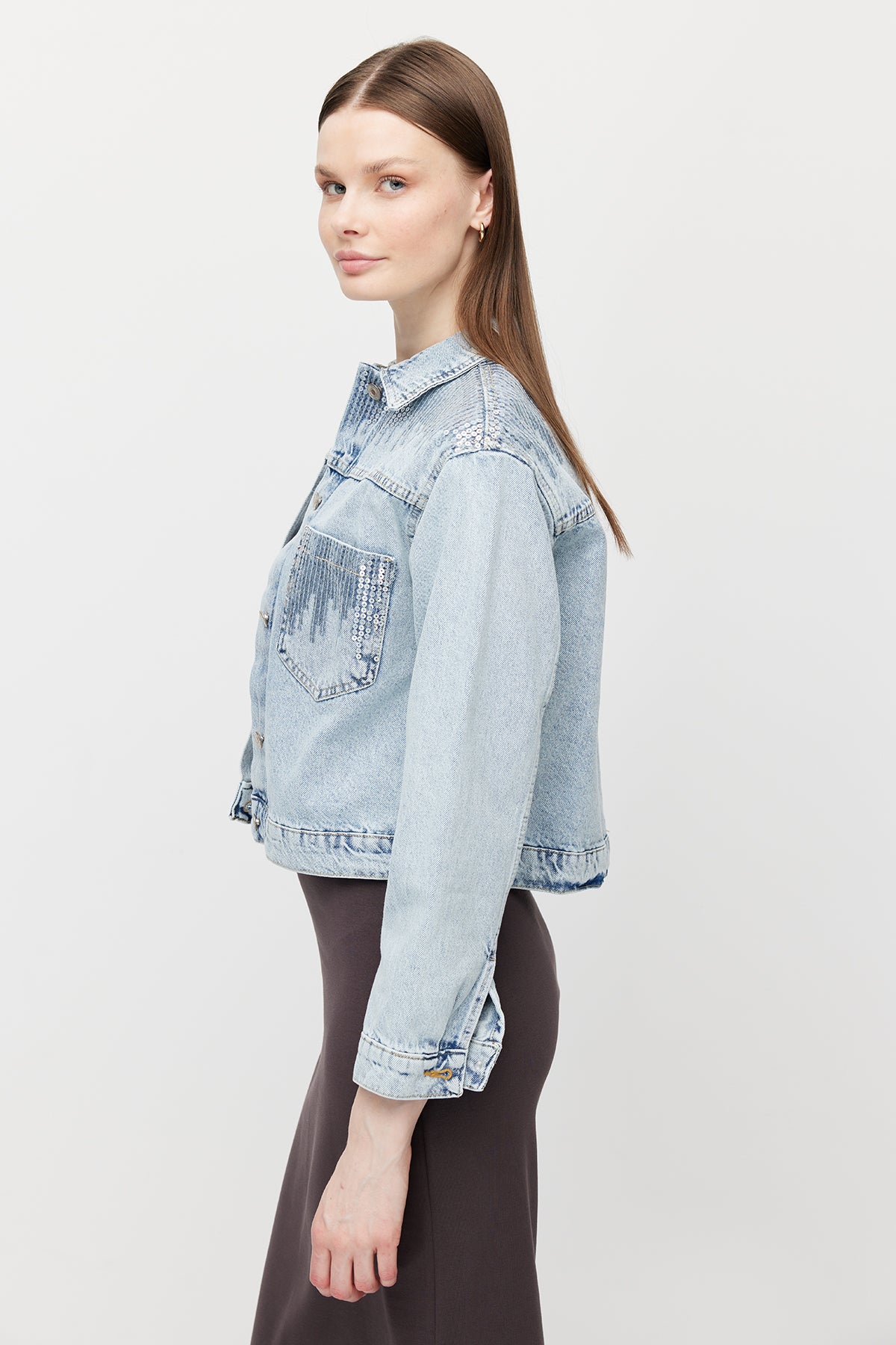 Women's Sequin Embellished Short Denim Jacket