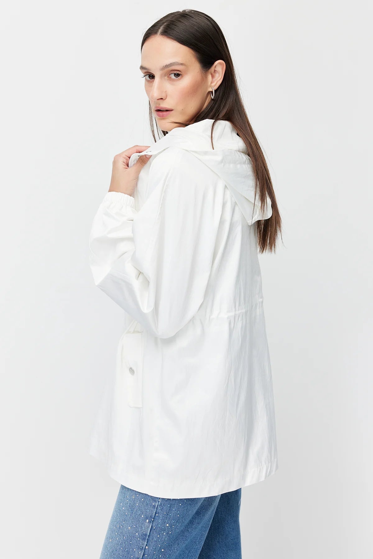 Women's Shiny Fabric Adjustable Waist Short Trench Coat