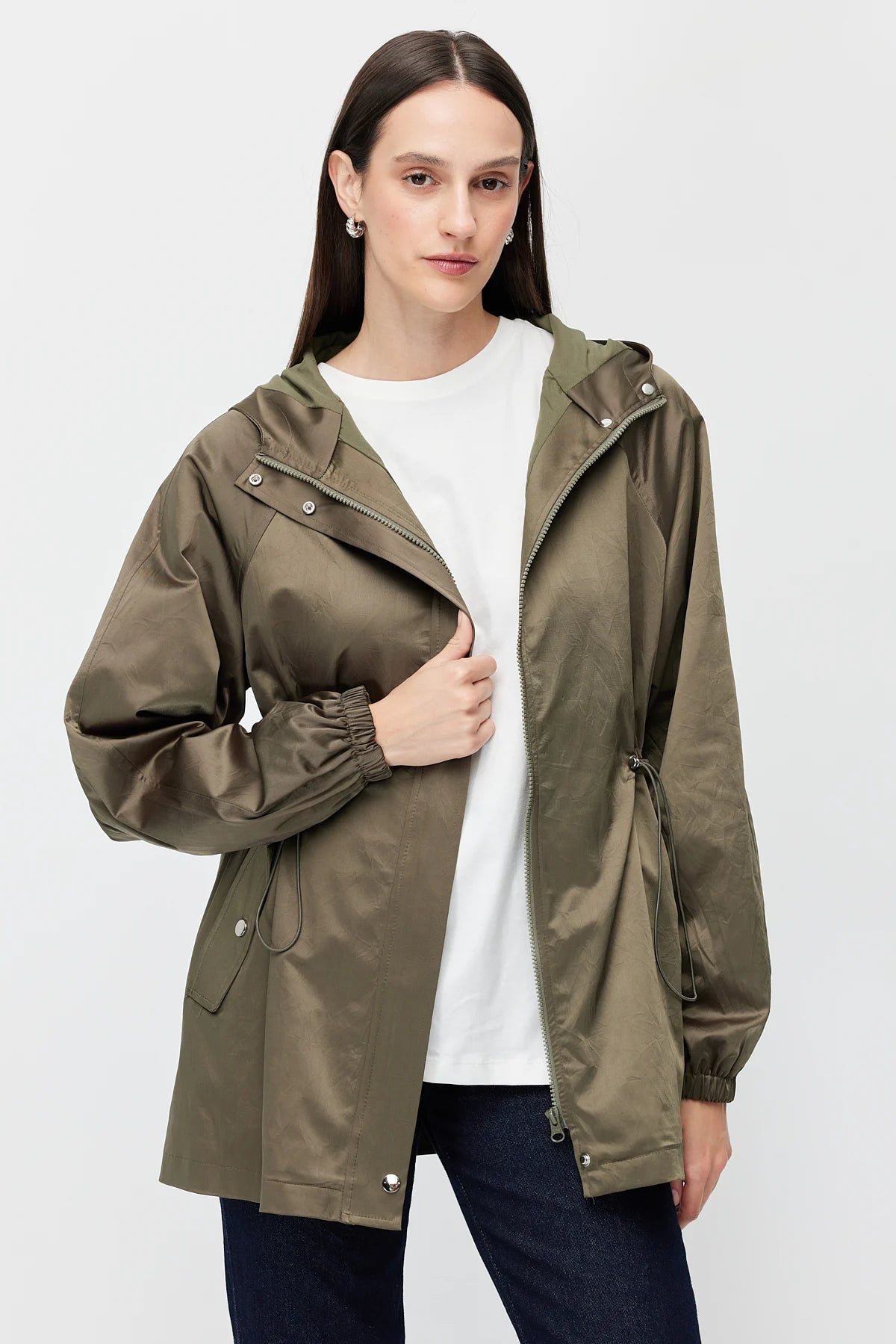 Women's Shiny Fabric Adjustable Waist Short Trench Coat