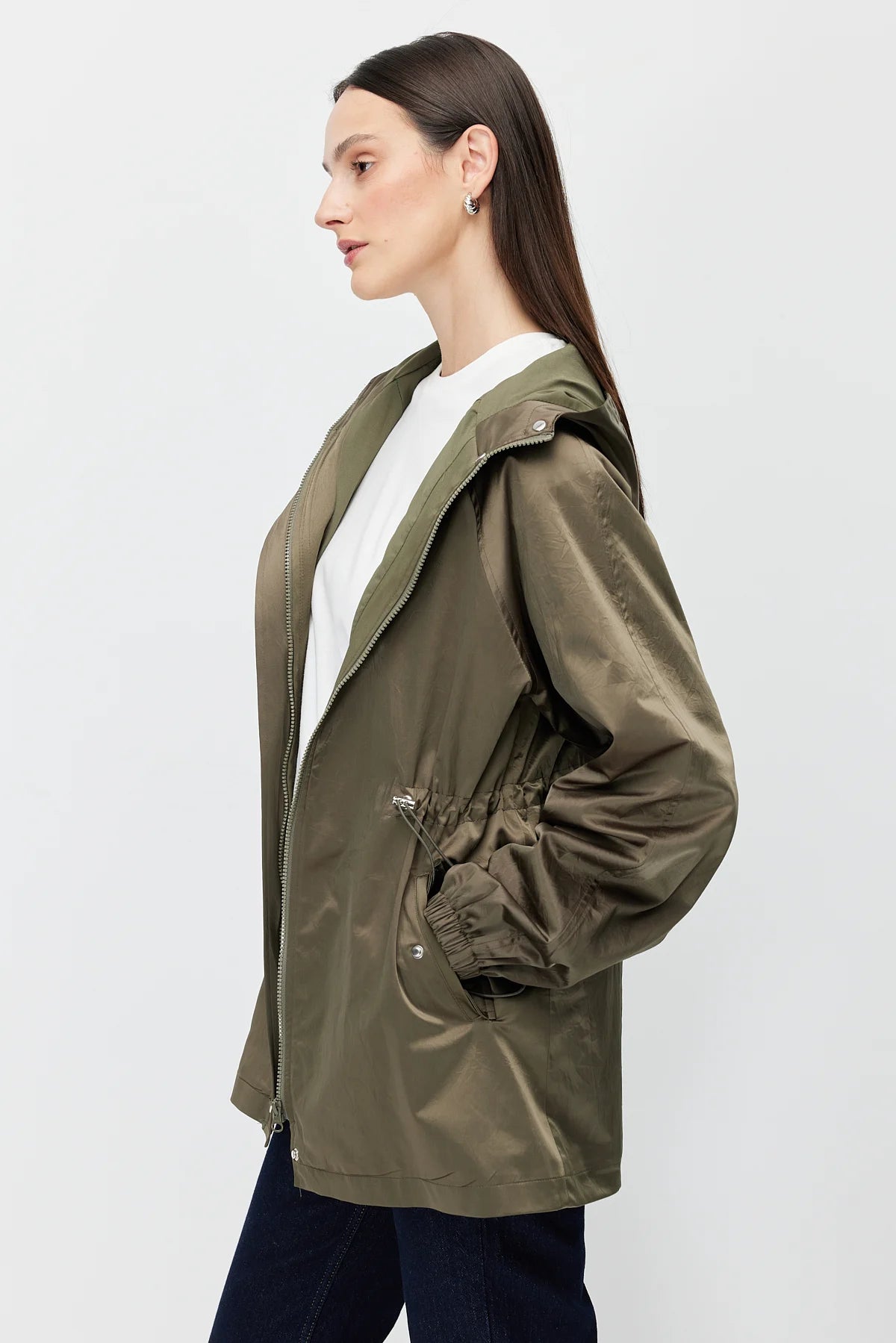 Women's Shiny Fabric Adjustable Waist Short Trench Coat