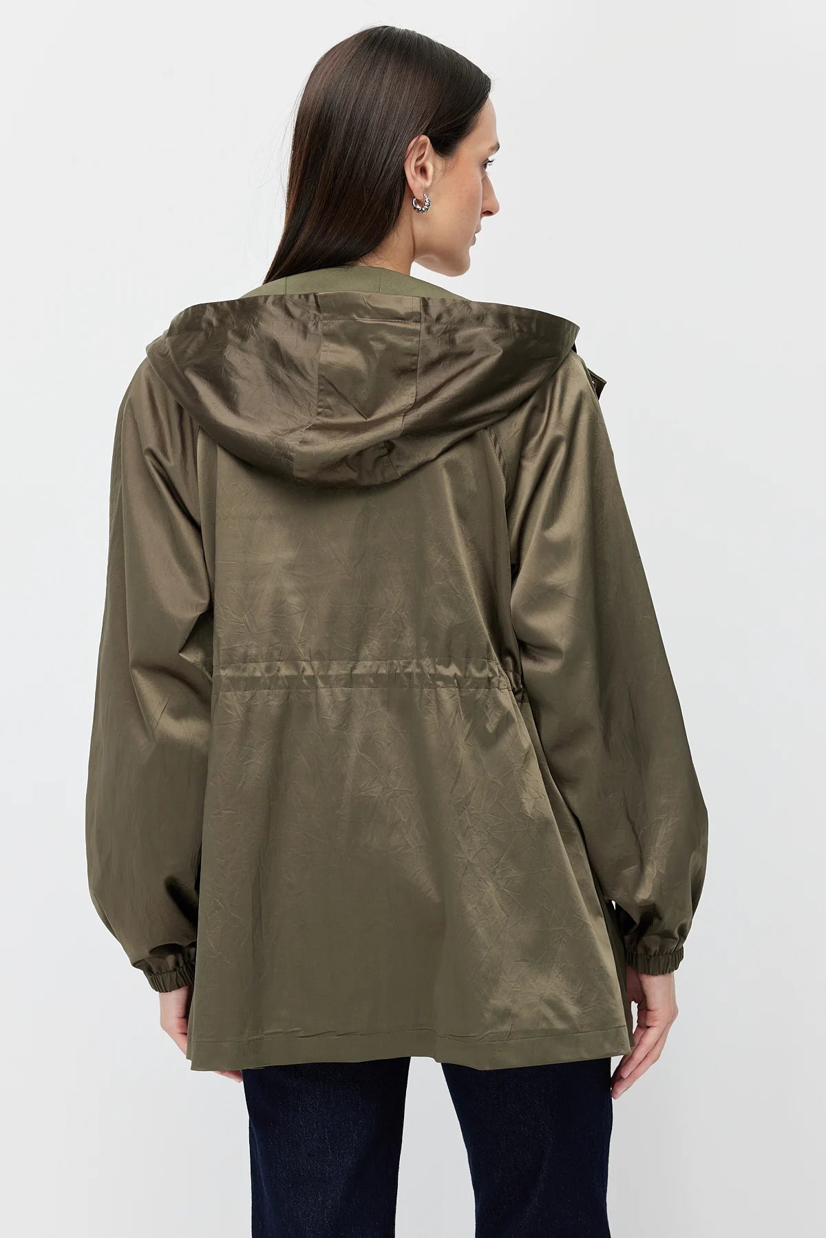 Women's Shiny Fabric Adjustable Waist Short Trench Coat