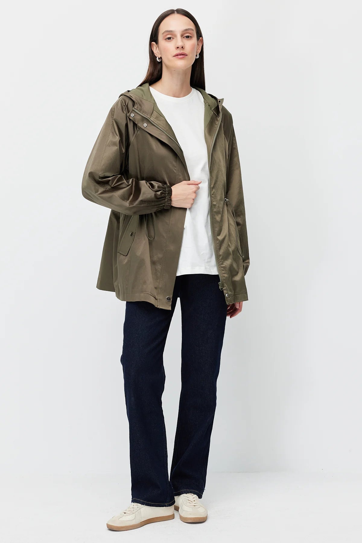 Women's Shiny Fabric Adjustable Waist Short Trench Coat