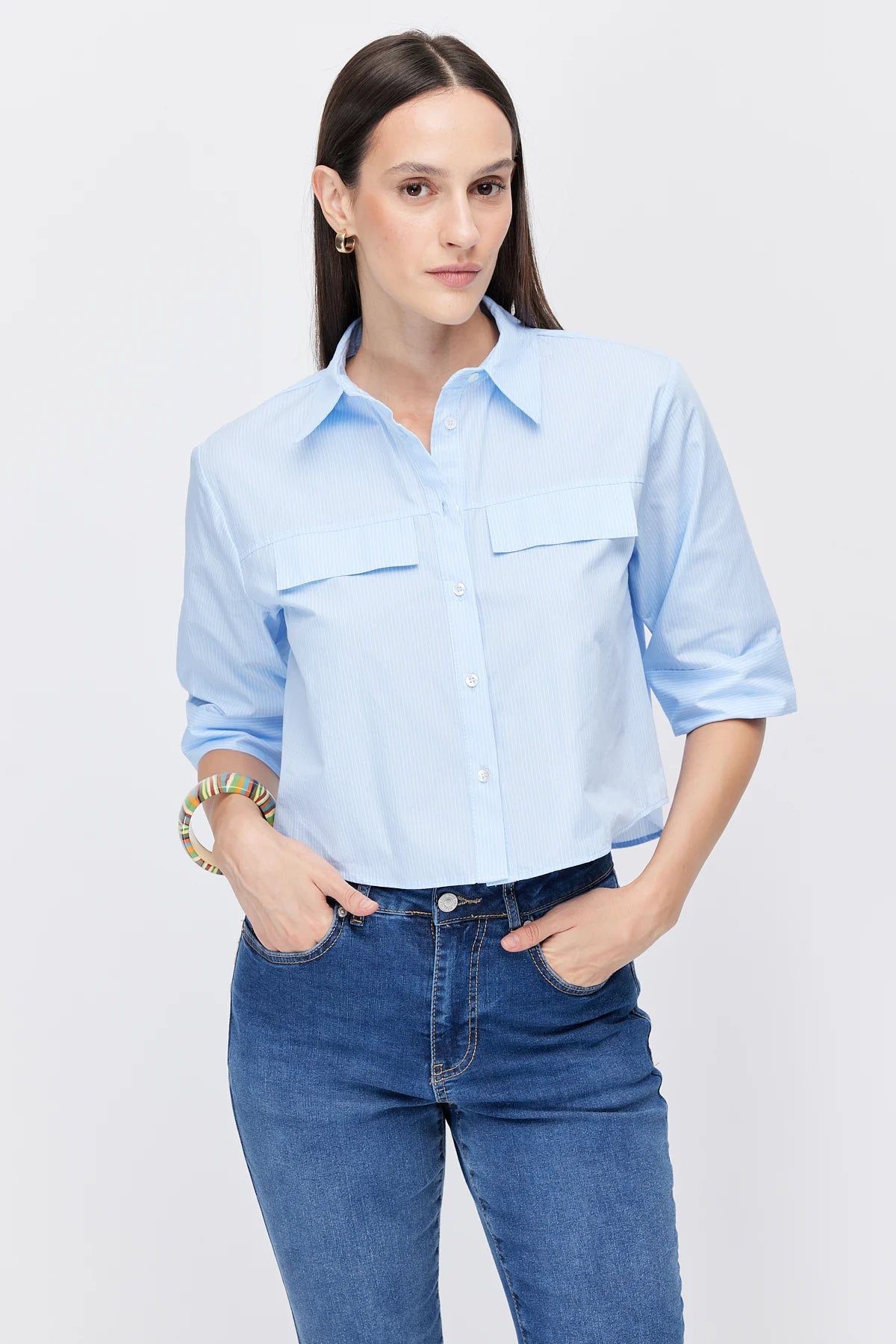 Women's Striped Shirt with Flap Pockets