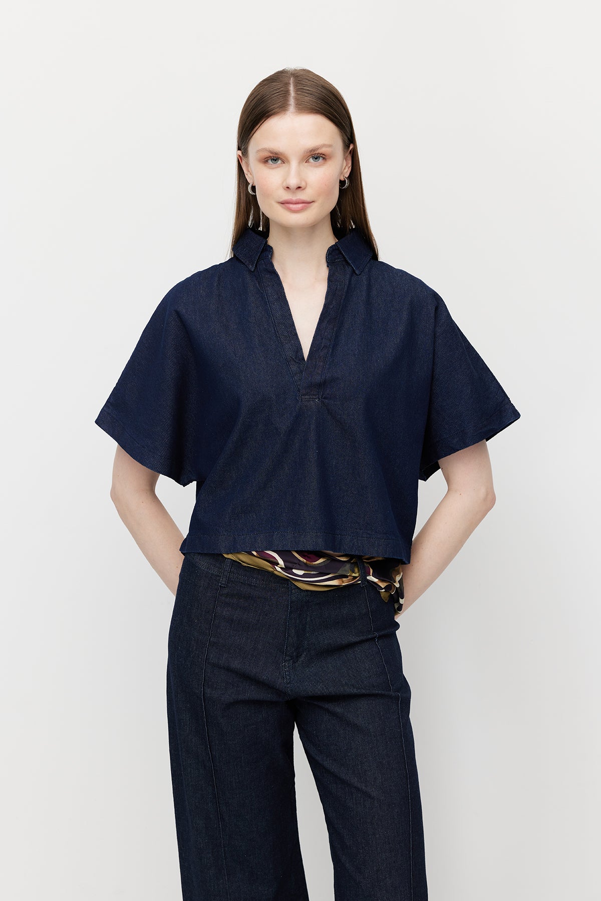 Women's V-Neck Denim Crop Shirt