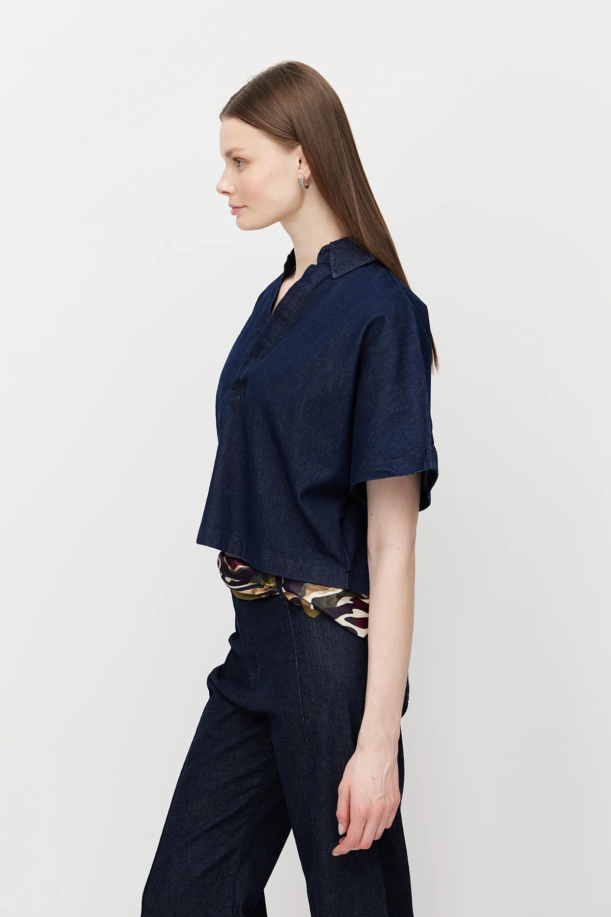Women's V-Neck Denim Crop Shirt