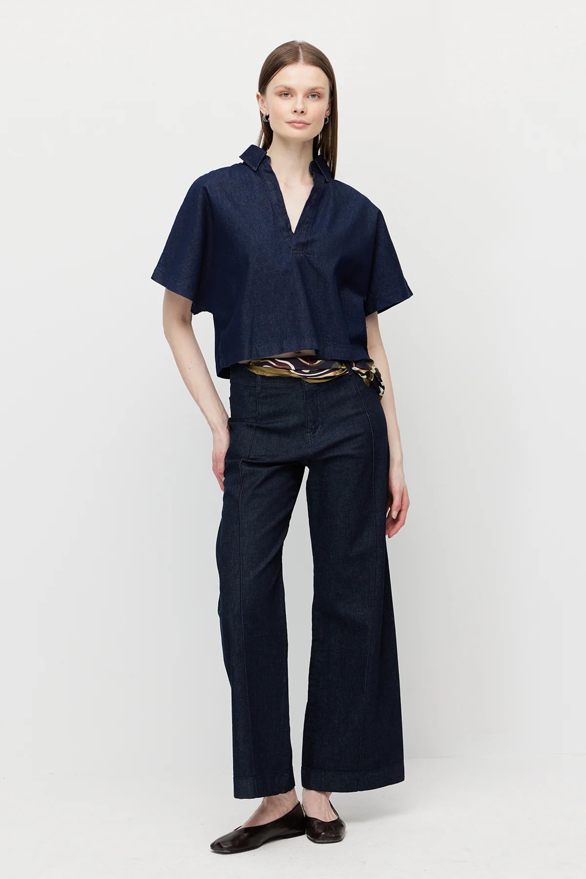 Women's V-Neck Denim Crop Shirt