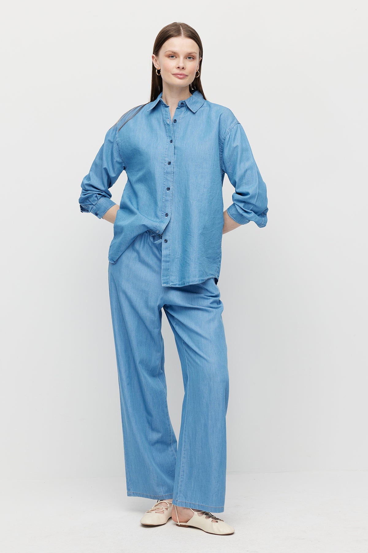 Kadın Beli Bağlamalı Denim Gömlek