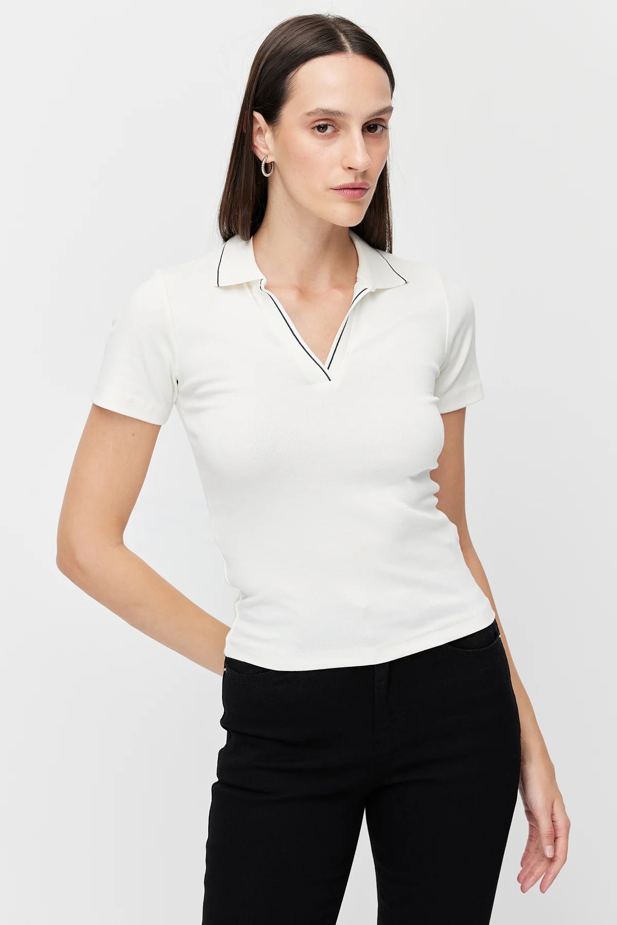 Women's Polo Collar Bodysuit with Contrast Stitching
