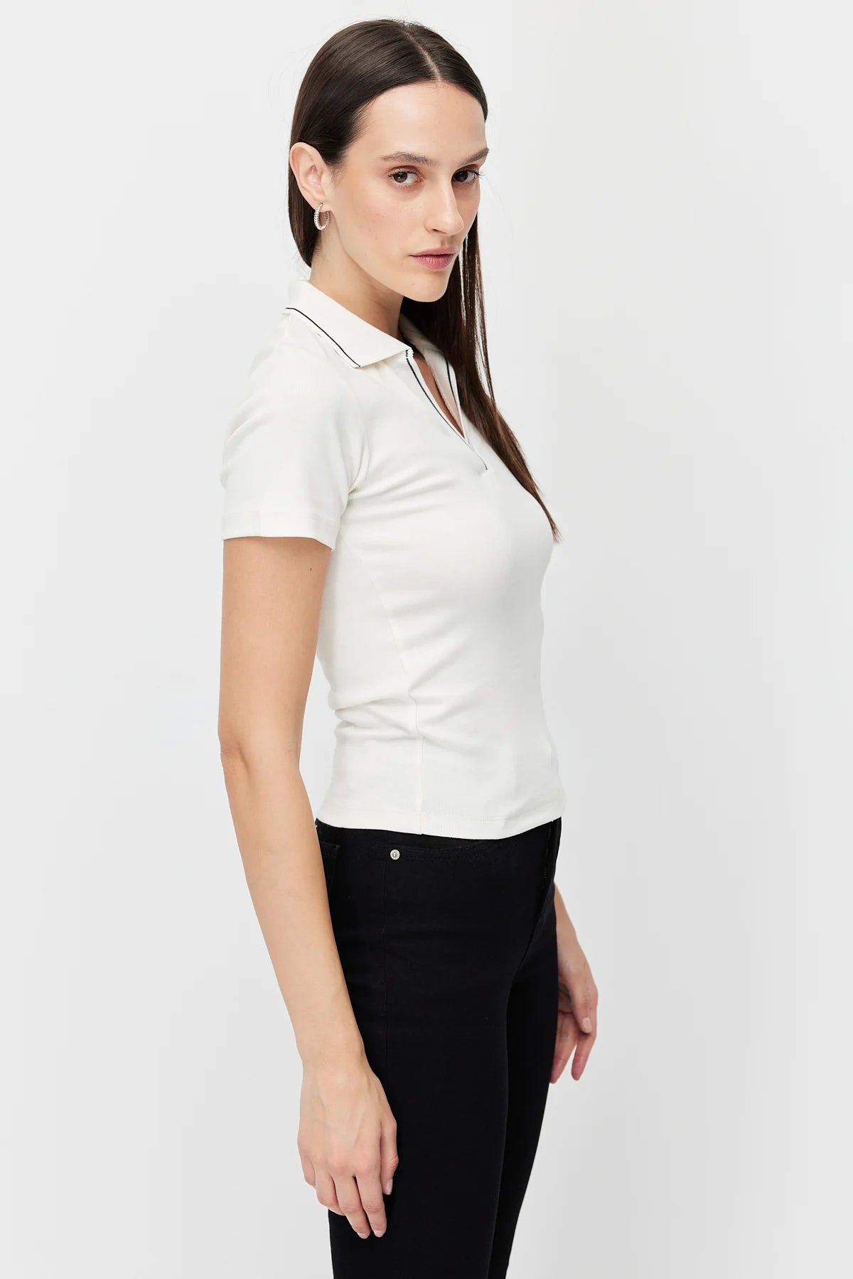 Women's Polo Collar Bodysuit with Contrast Stitching