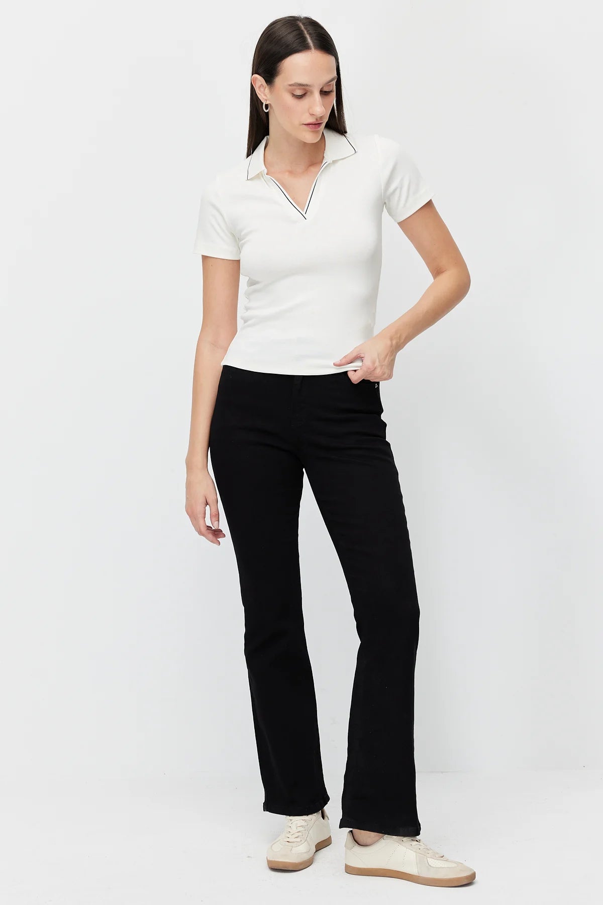 Women's Polo Collar Bodysuit with Contrast Stitching