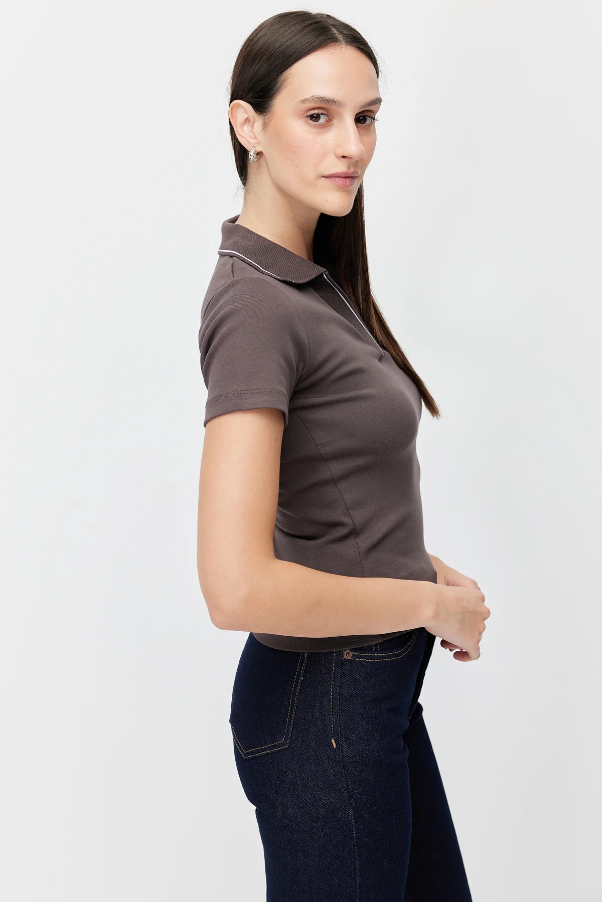 Women's Polo Collar Bodysuit with Contrast Stitching