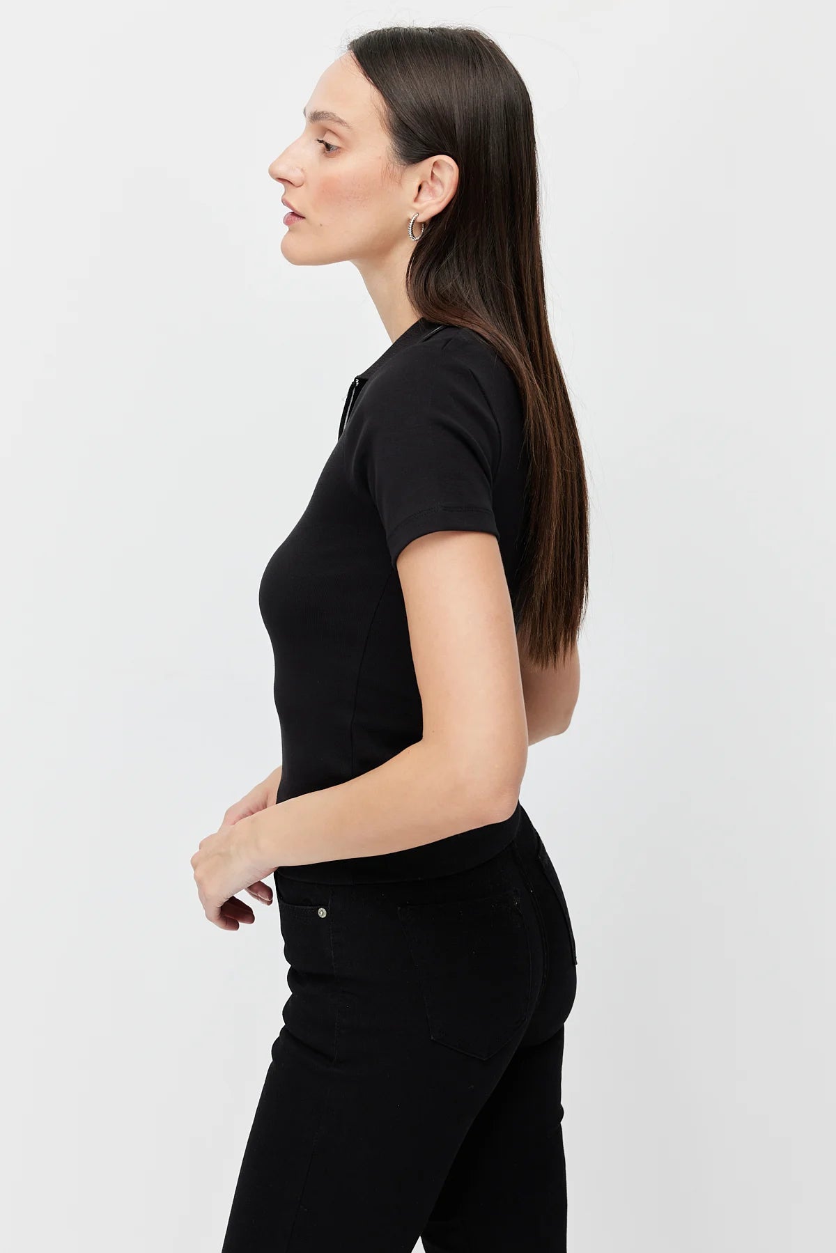 Women's Polo Collar Bodysuit with Contrast Stitching