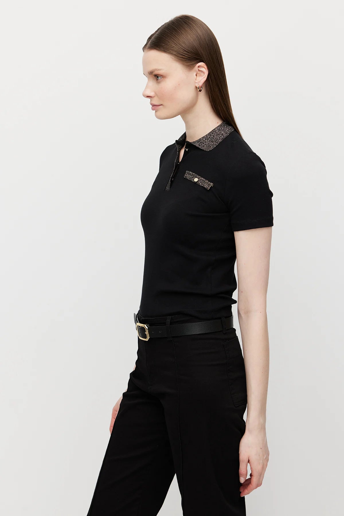 Women's Polo Collar Blouse with Glitter Detail