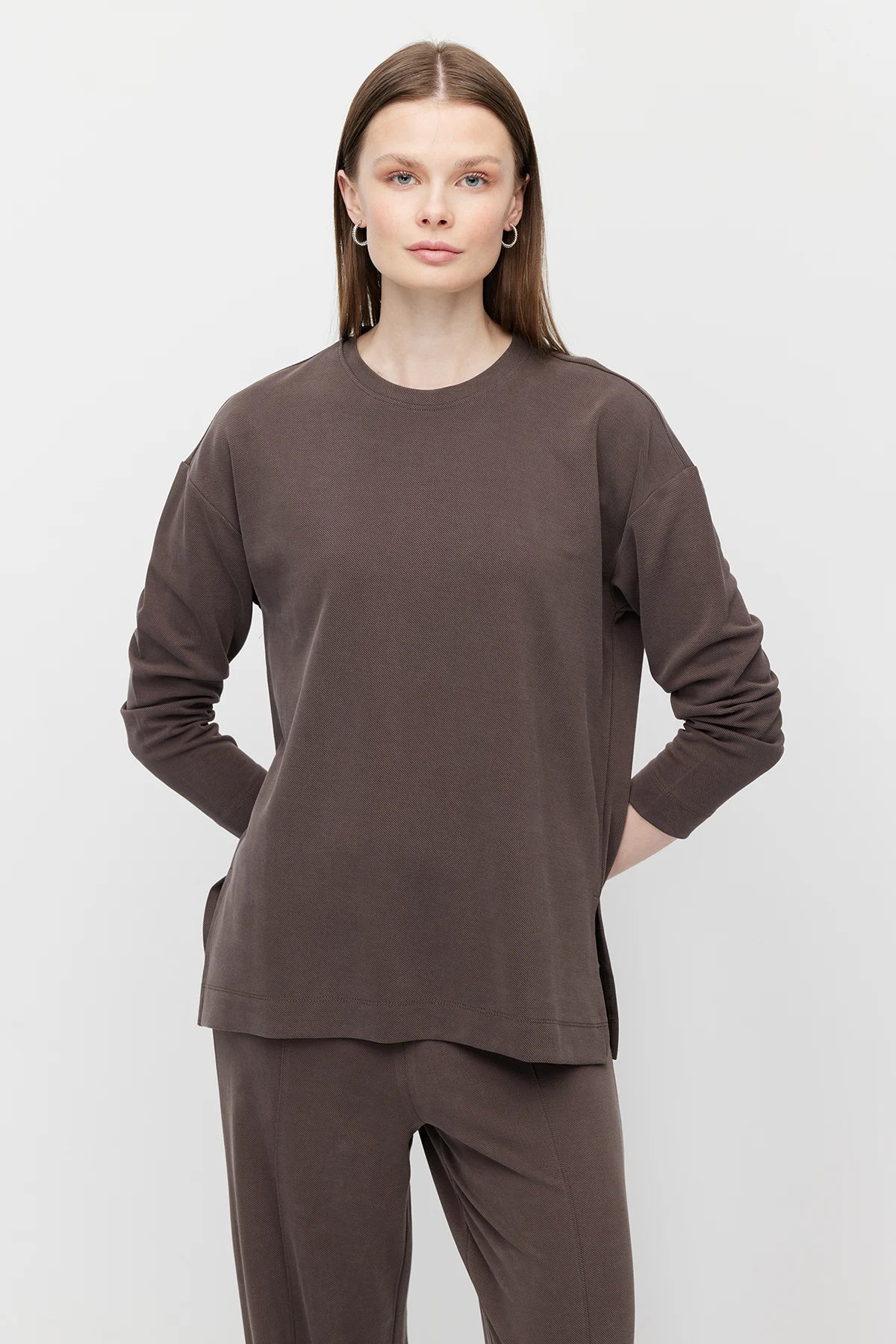 Women's Crew Neck Textured Blouse with Slit
