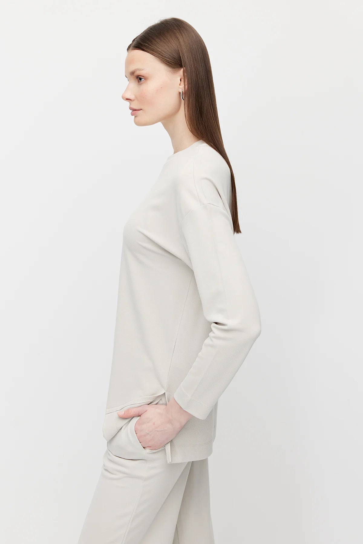 Women's Crew Neck Textured Blouse with Slit