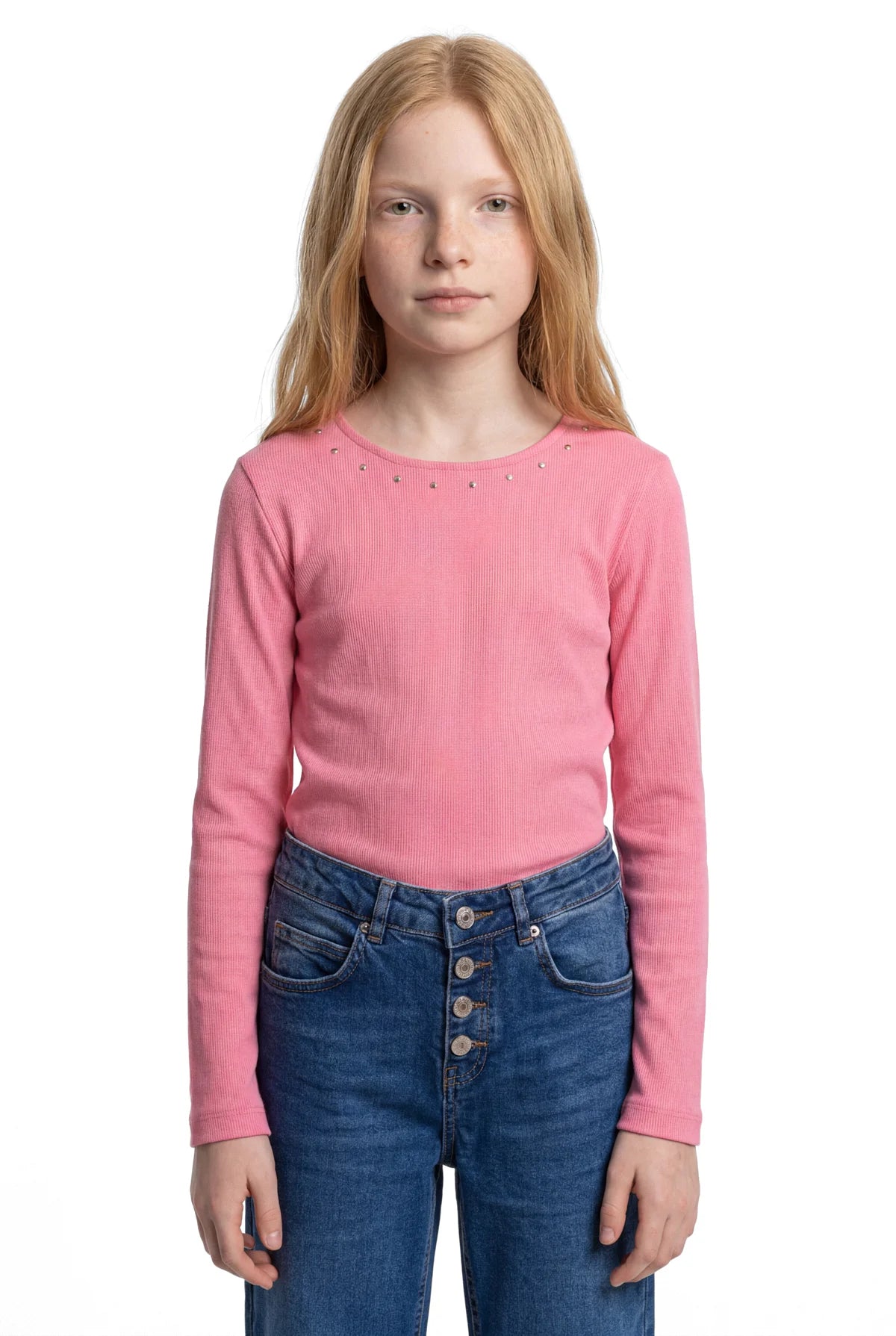 Girl's Blouse with Sparkling Stone Embellishment Around the Neckline