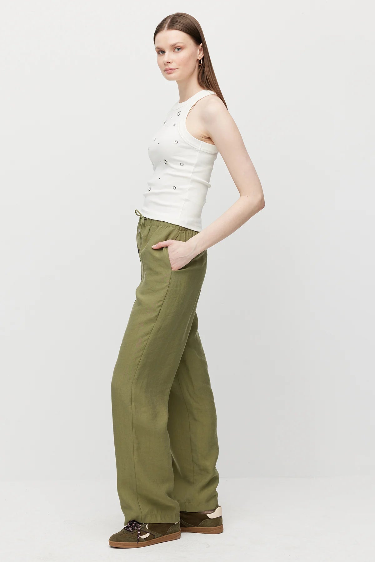 Women's Straight Cut Trousers with Front Seam and Elastic Waistband