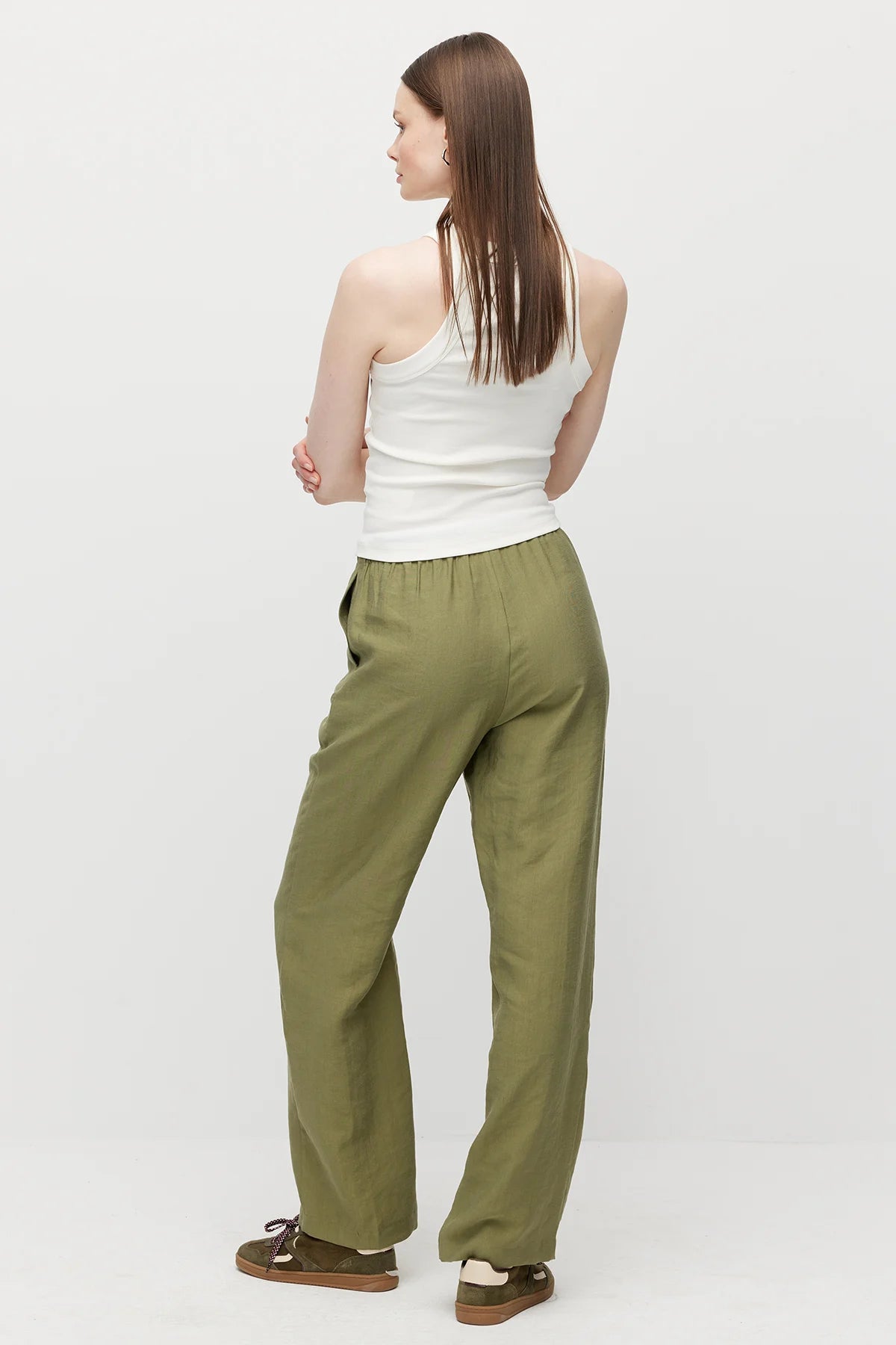 Women's Straight Cut Trousers with Front Seam and Elastic Waistband