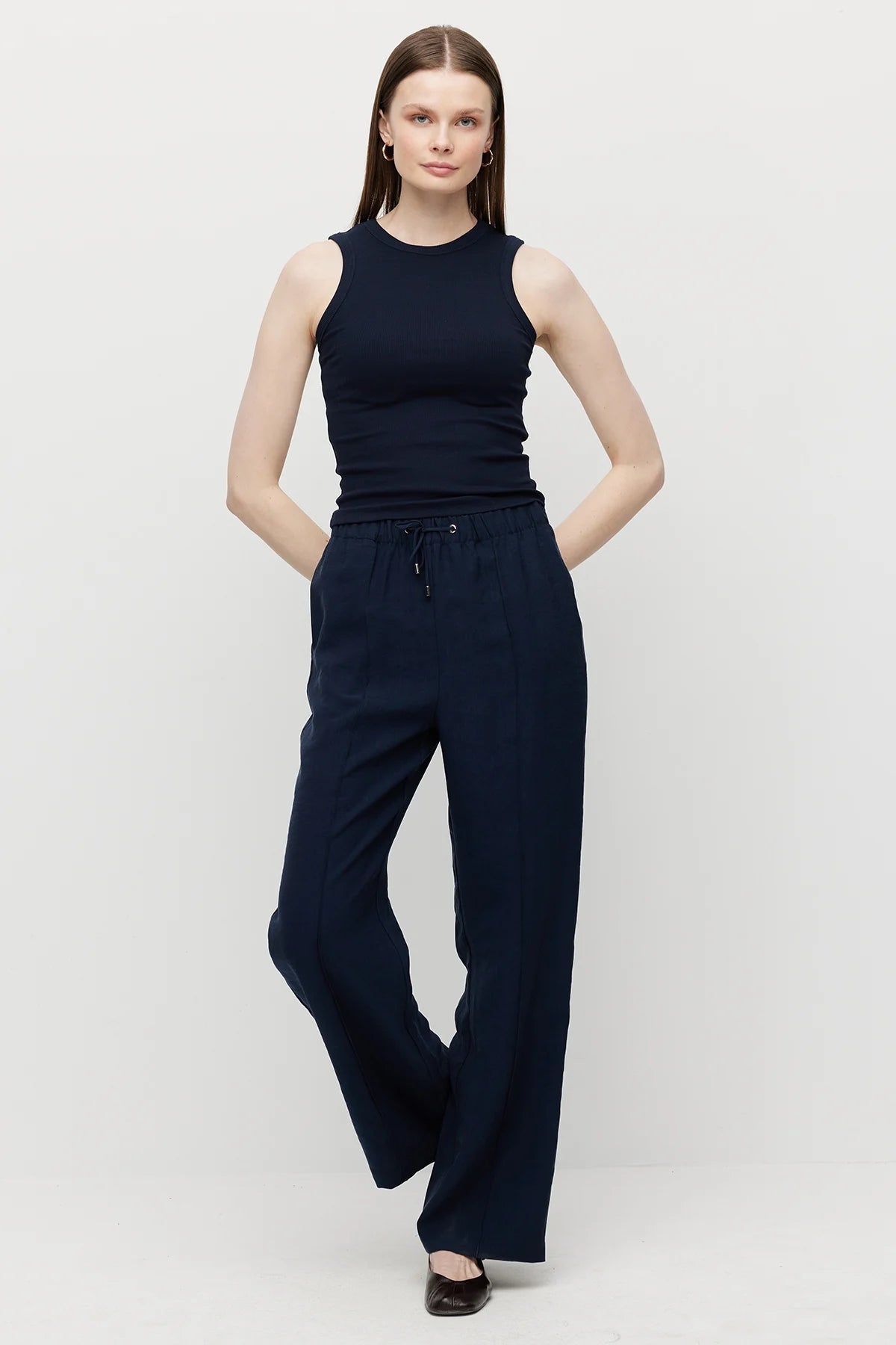 Women's Straight Cut Trousers with Front Seam and Elastic Waistband