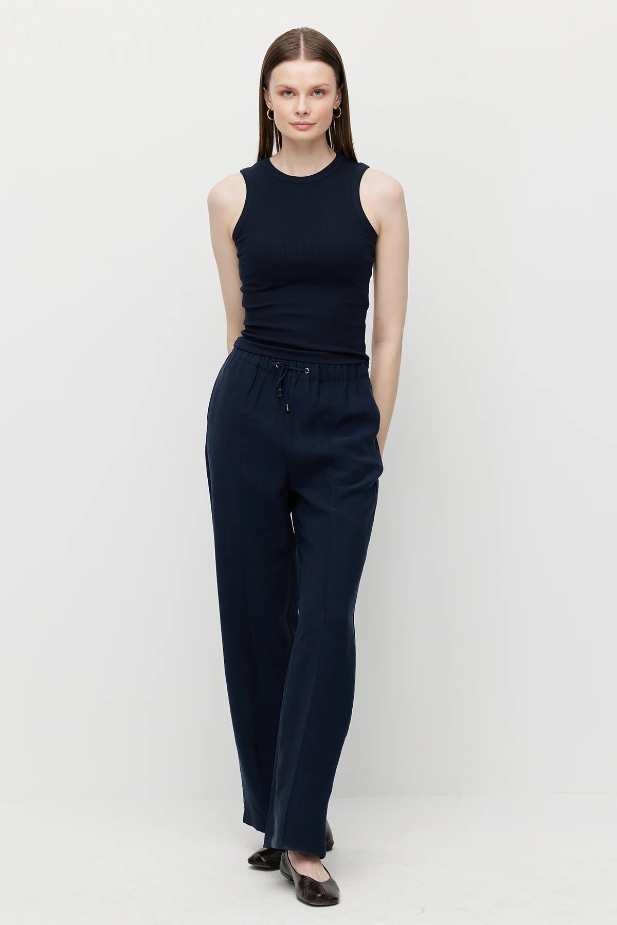 Women's Straight Cut Trousers with Front Seam and Elastic Waistband