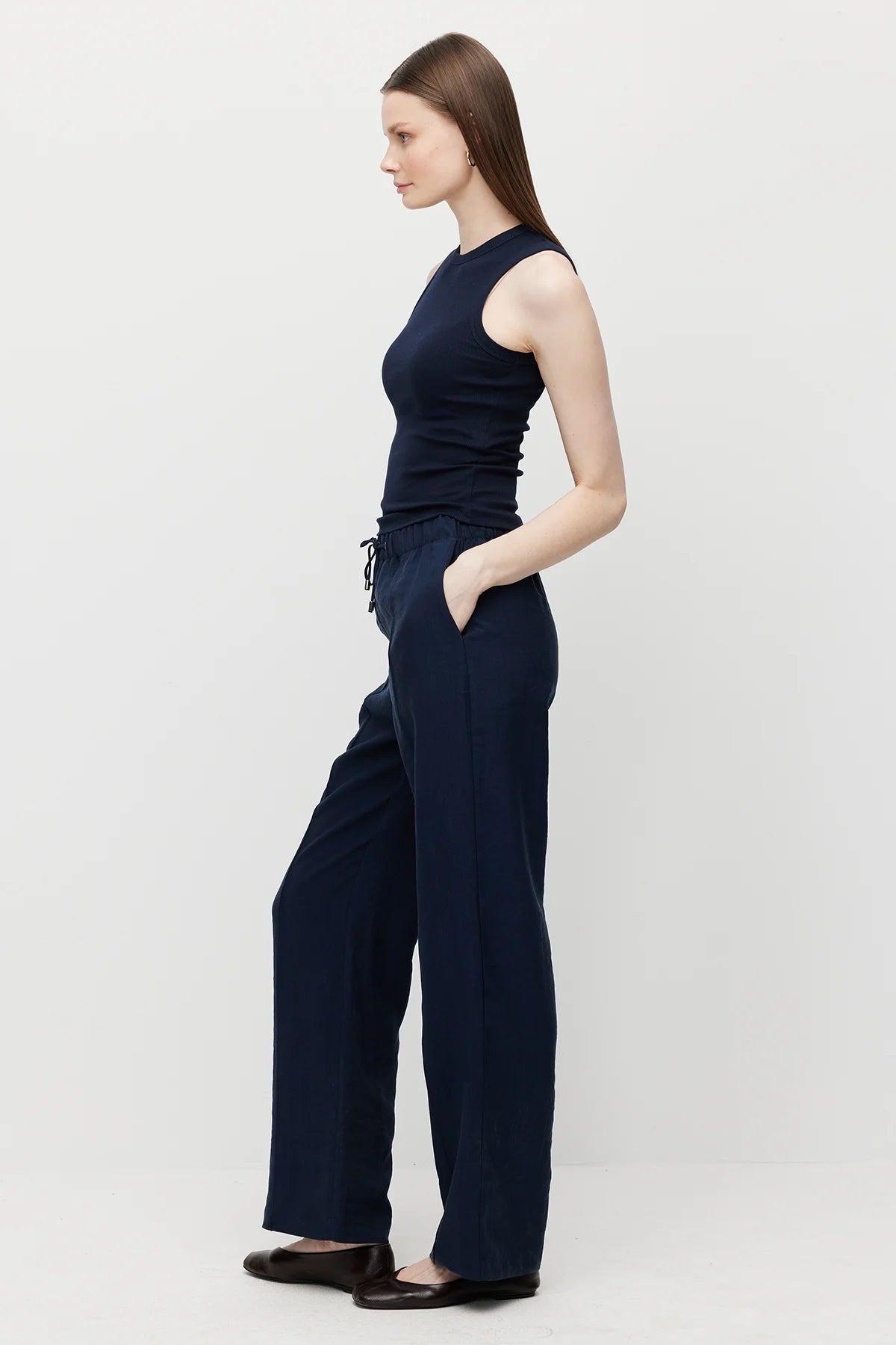 Women's Straight Cut Trousers with Front Seam and Elastic Waistband