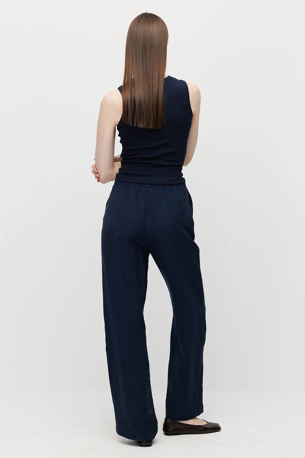 Women's Straight Cut Trousers with Front Seam and Elastic Waistband