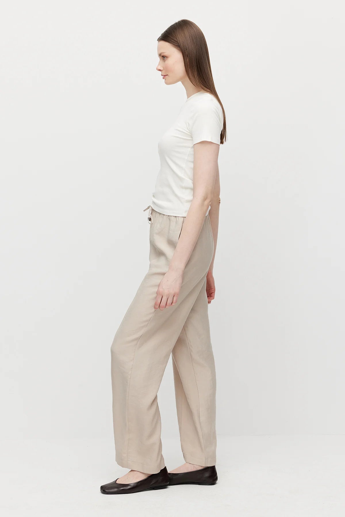 Women's Straight Cut Trousers with Front Seam and Elastic Waistband
