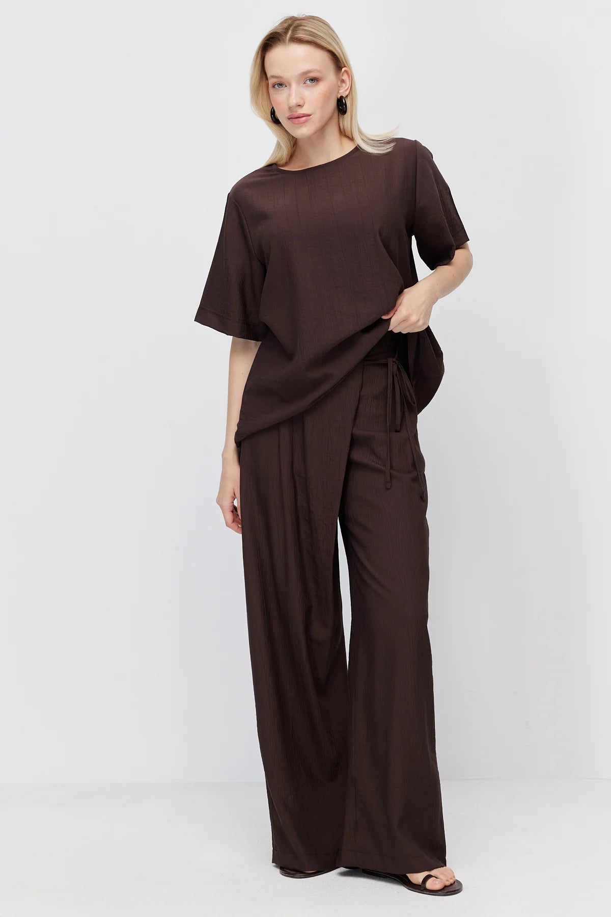 Women's Crinkle Wide Leg Double-Breasted Tie-Up Trousers