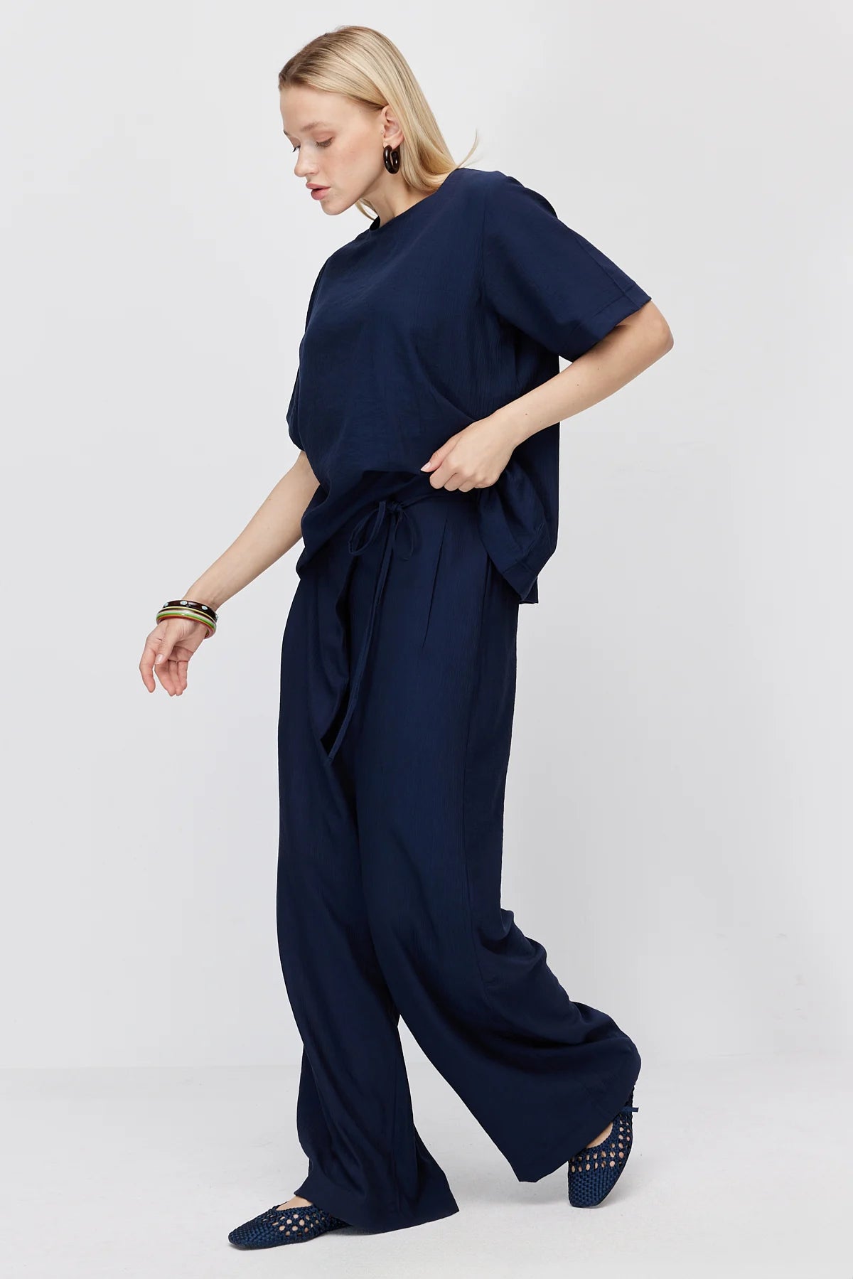 Women's Crinkle Wide Leg Double-Breasted Tie-Up Trousers