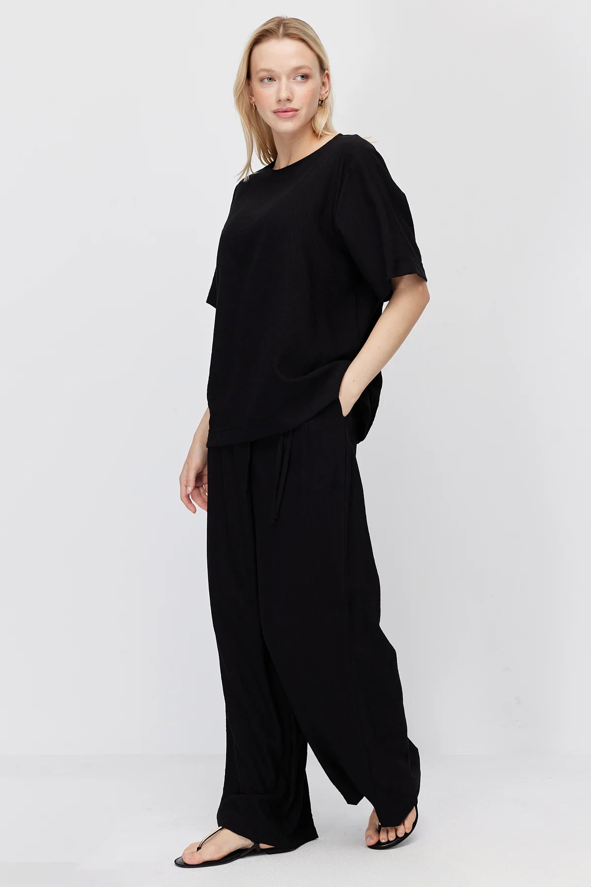Women's Crinkle Wide Leg Double-Breasted Tie-Up Trousers