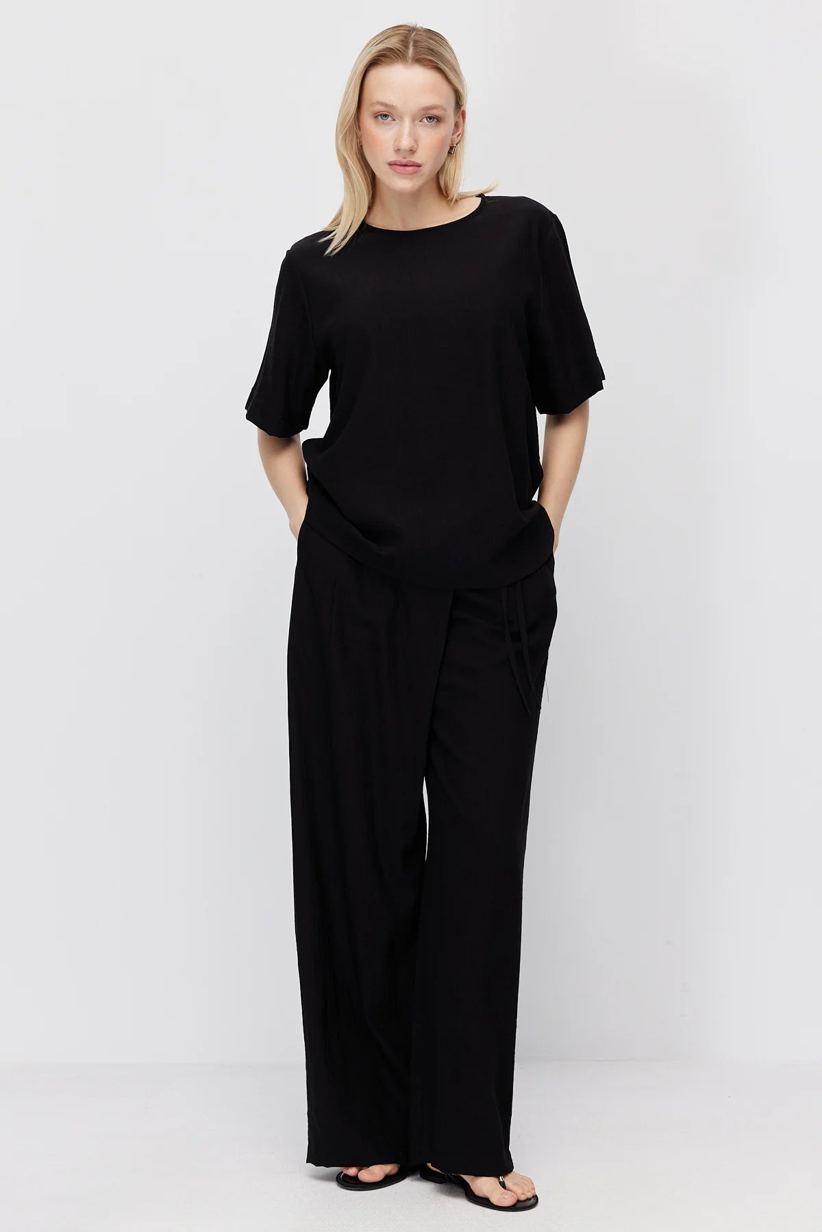 Women's Crinkle Wide Leg Double-Breasted Tie-Up Trousers
