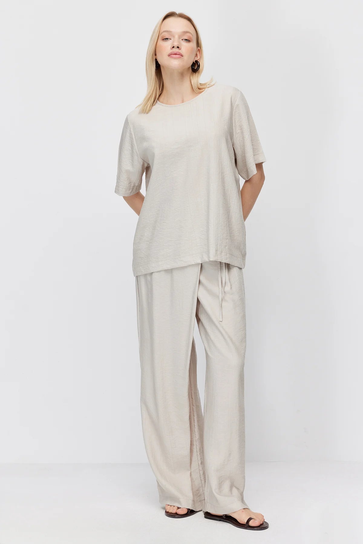 Women's Crinkle Wide Leg Double-Breasted Tie-Up Trousers