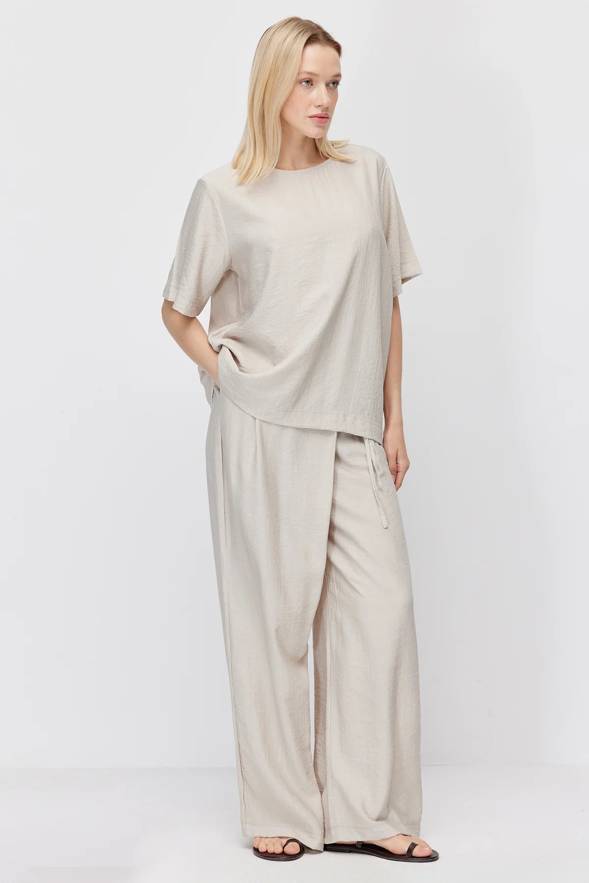 Women's Crinkle Wide Leg Double-Breasted Tie-Up Trousers