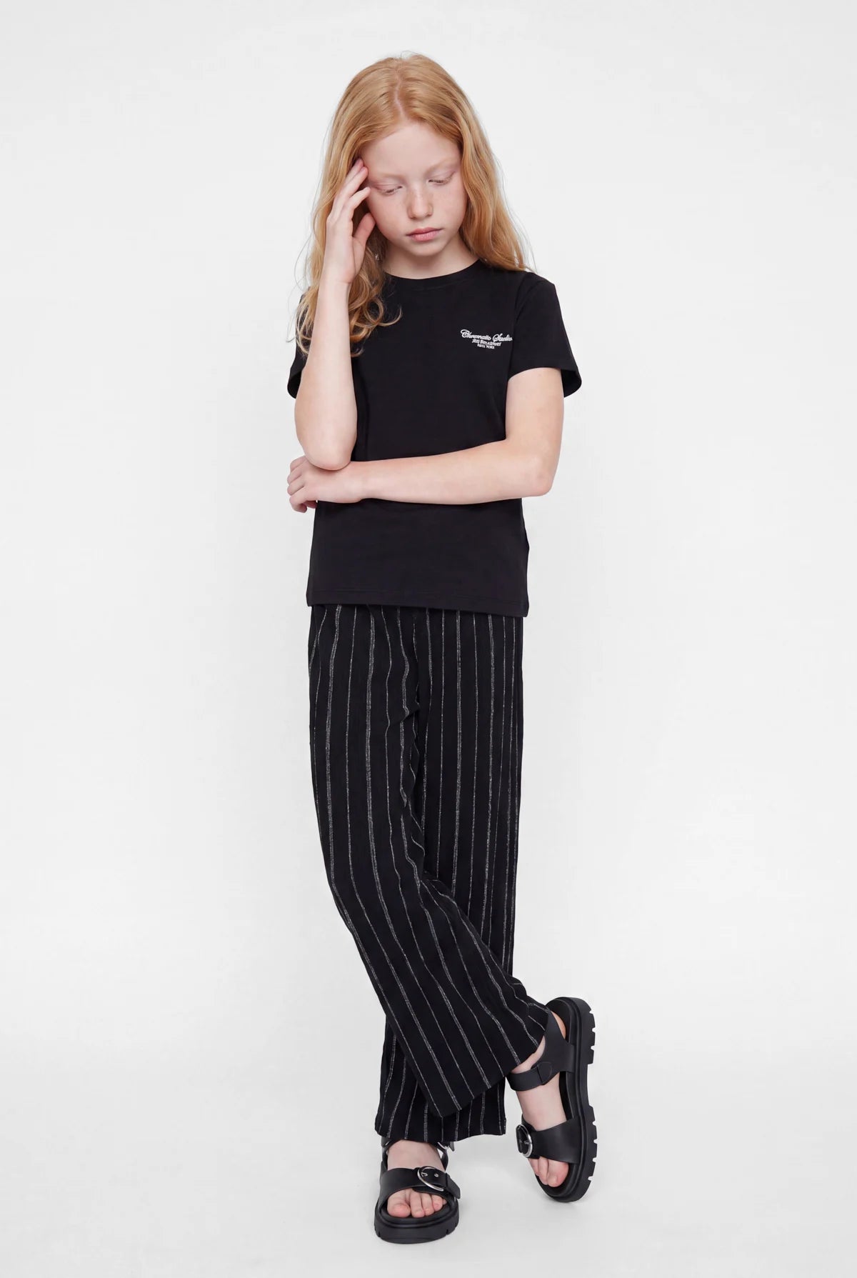 Girls' Striped Wide Leg Trousers with Elastic Waistband
