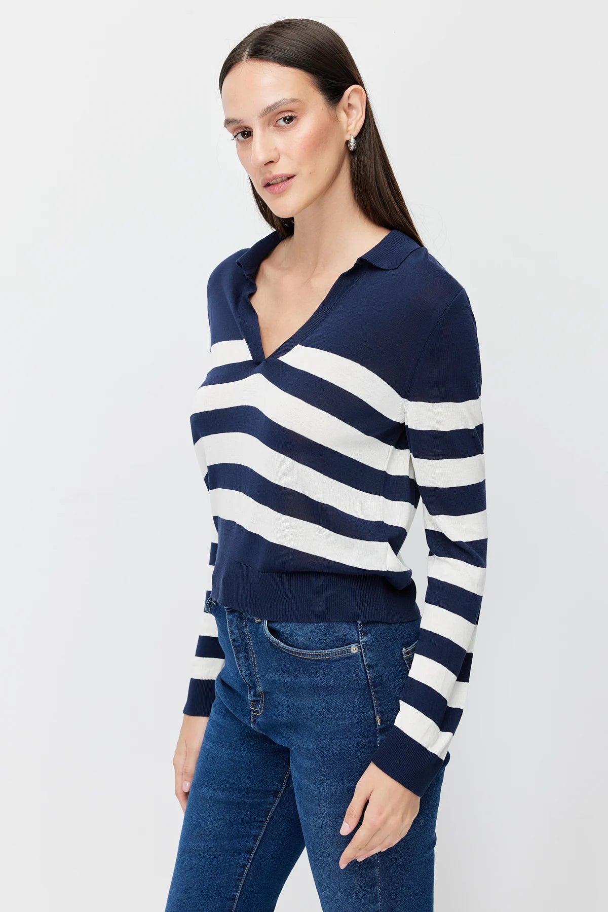 Women's Striped Polo Collar Knitwear