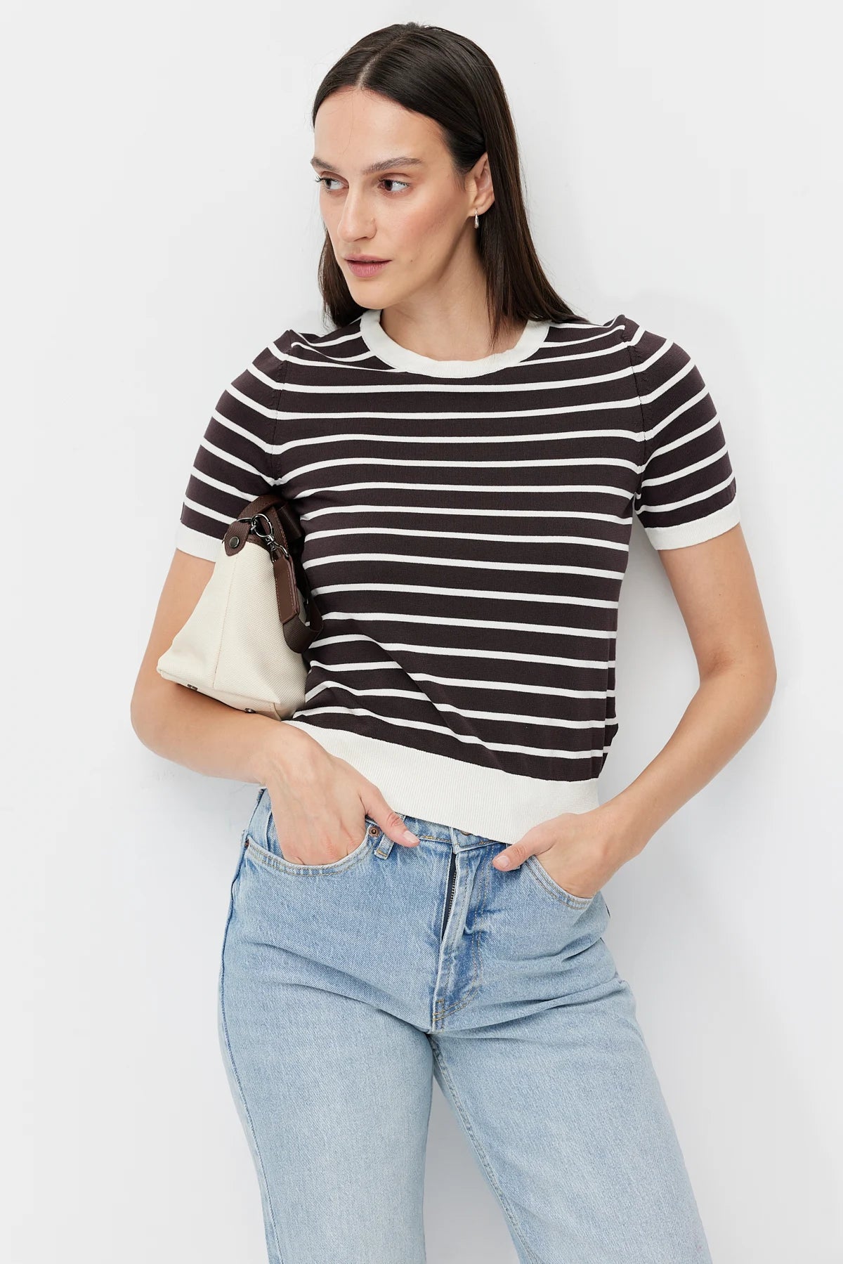Kadın Bisiklet Yaka Çizgili Triko T-shirt