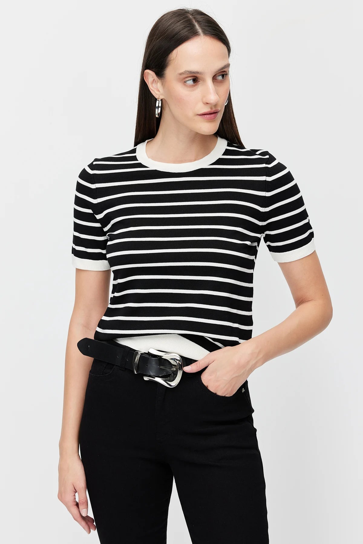 Kadın Bisiklet Yaka Çizgili Triko T-shirt