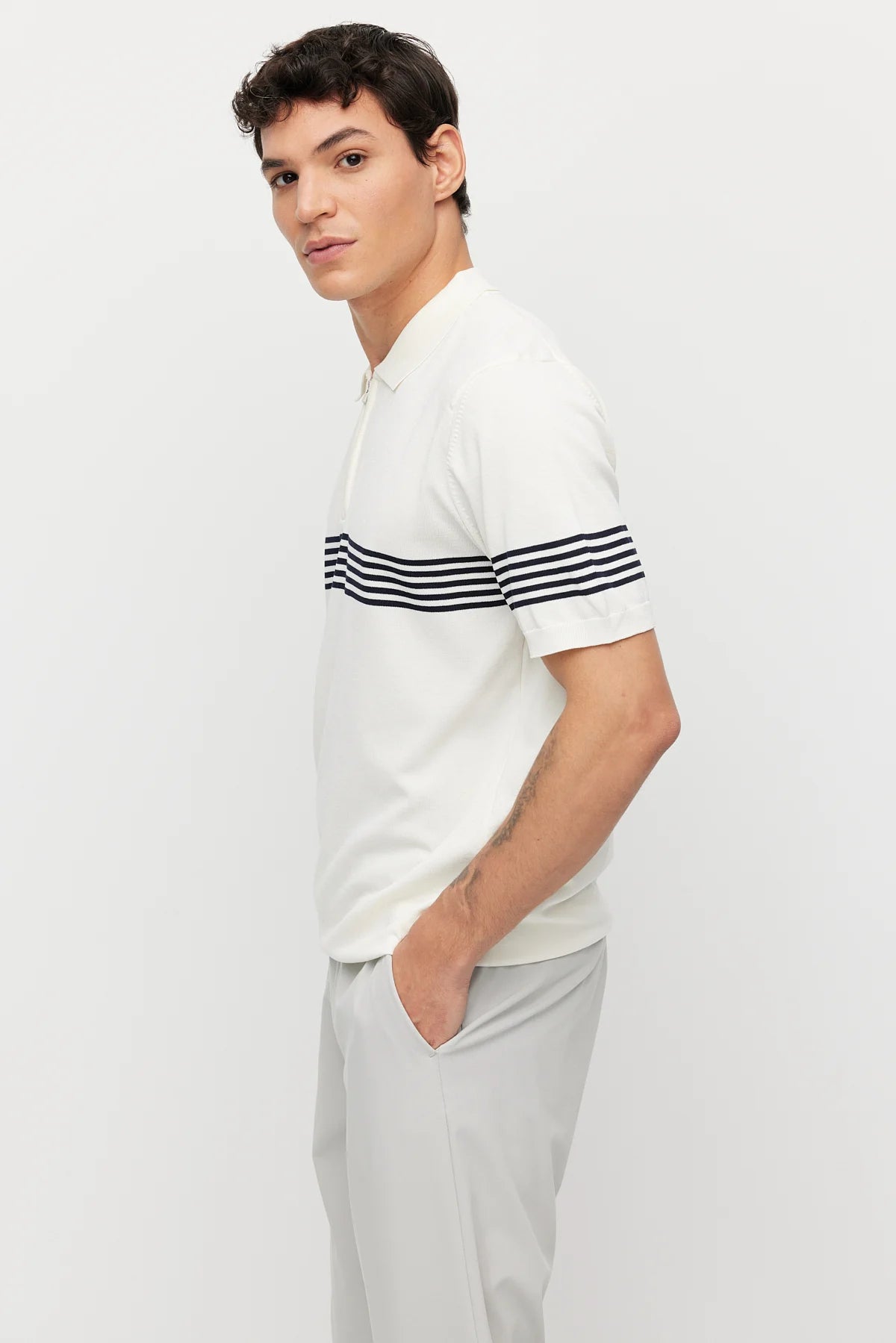 Men's Striped Zip-Up Knit T-shirt