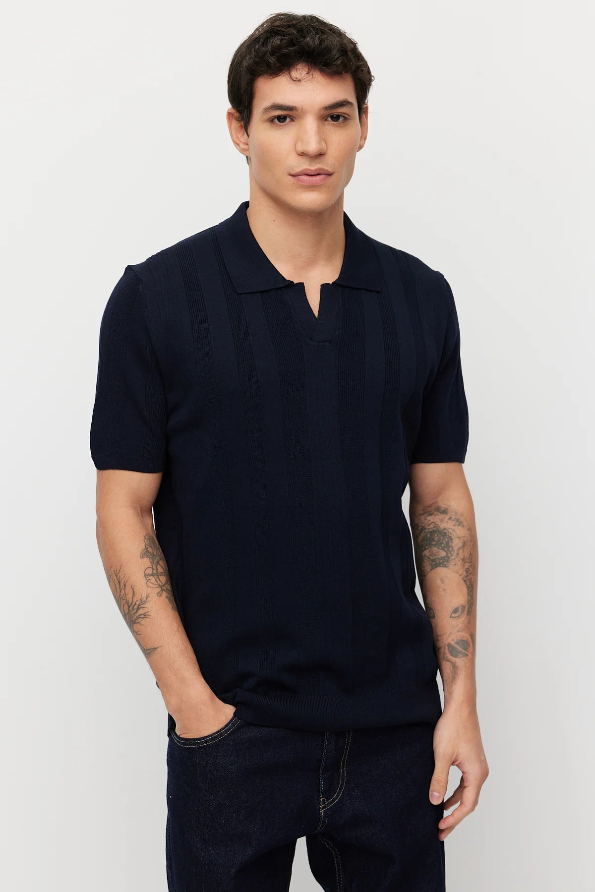 Men's Knitted Polo Collar Ribbed T-shirt