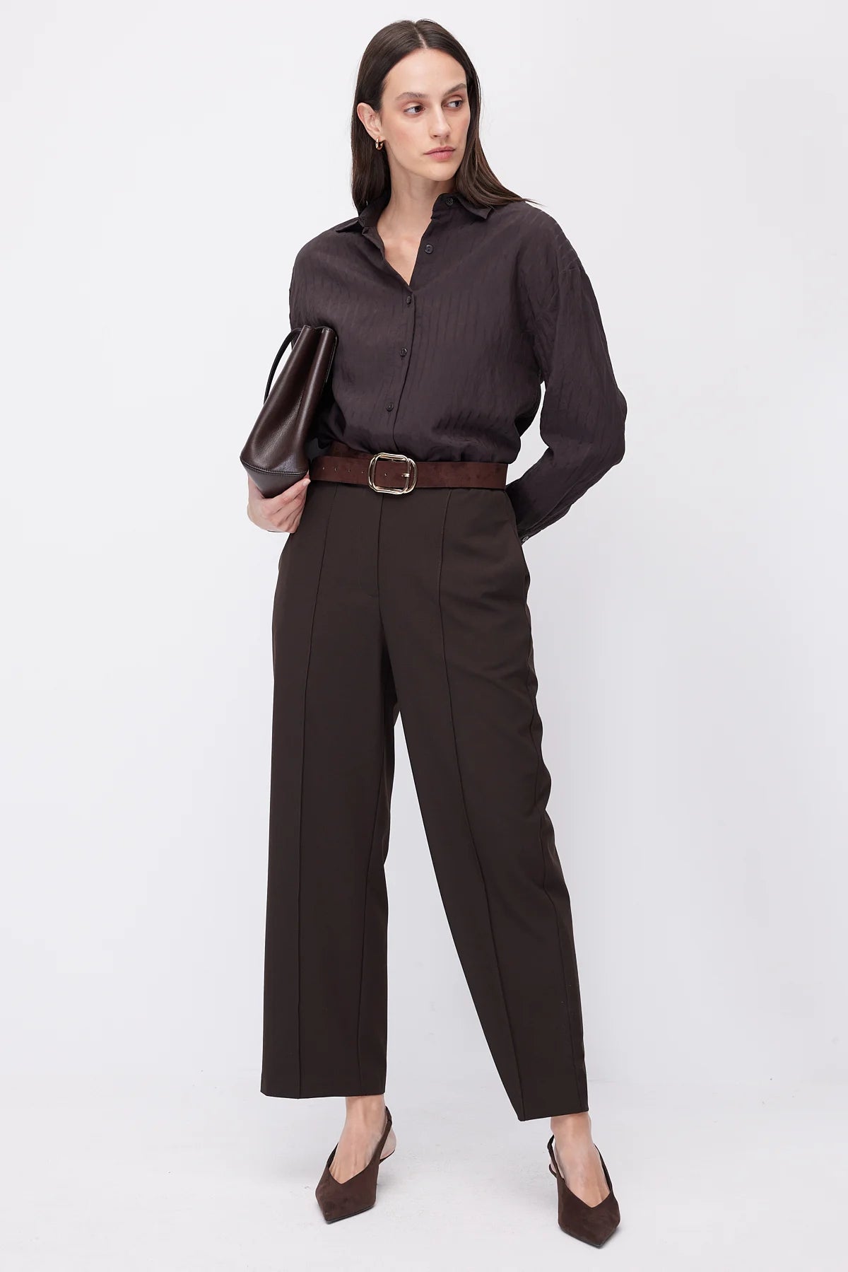 Women's High-Waisted Fabric Trousers with Front Pleat Detail
