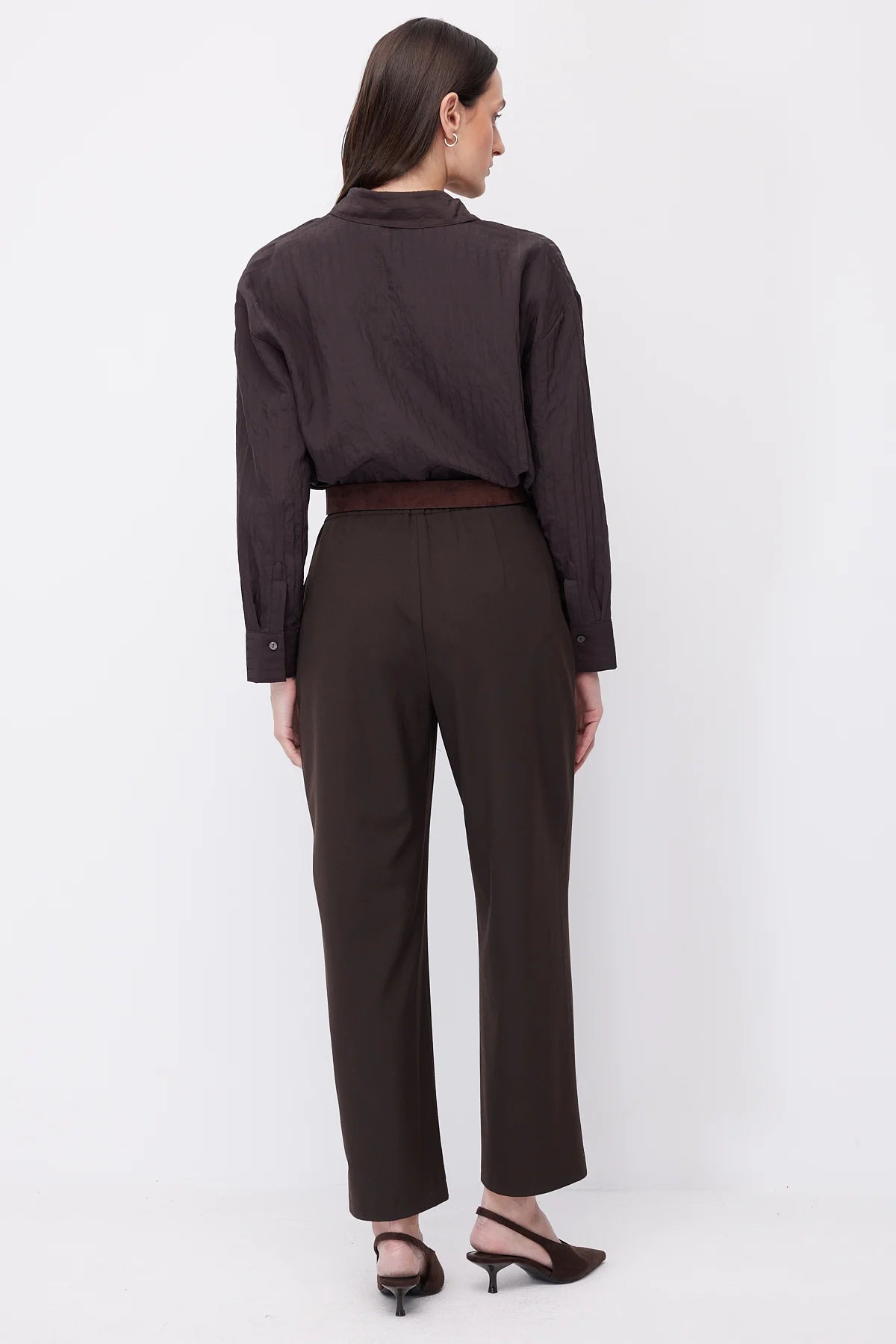 Women's High-Waisted Fabric Trousers with Front Pleat Detail