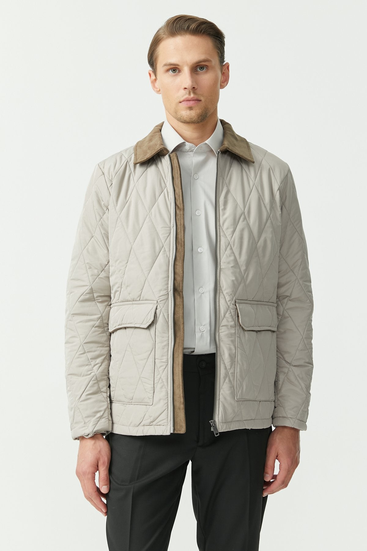Men's Velvet Collar Quilted Patterned Coat