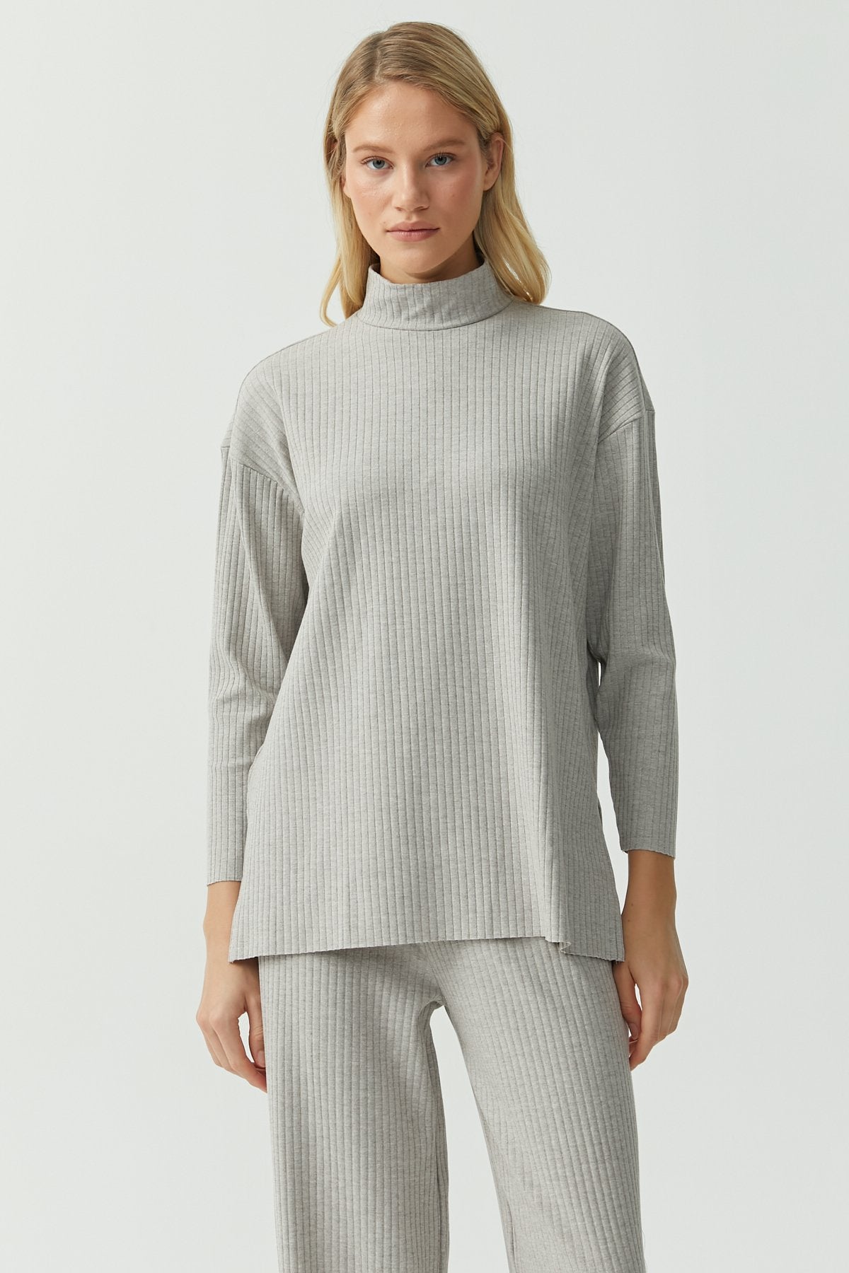Stand Collar Ribbed Blouse