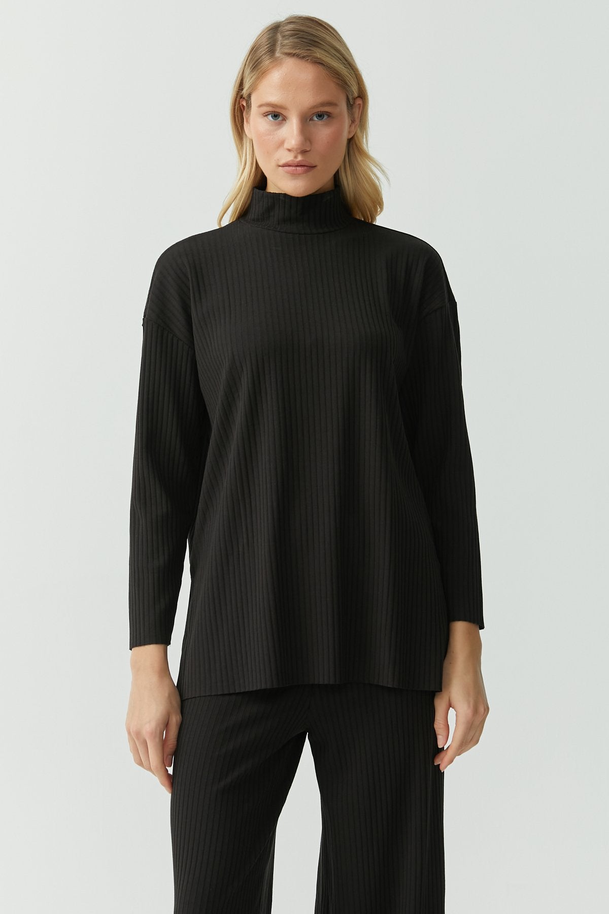 Stand Collar Ribbed Blouse
