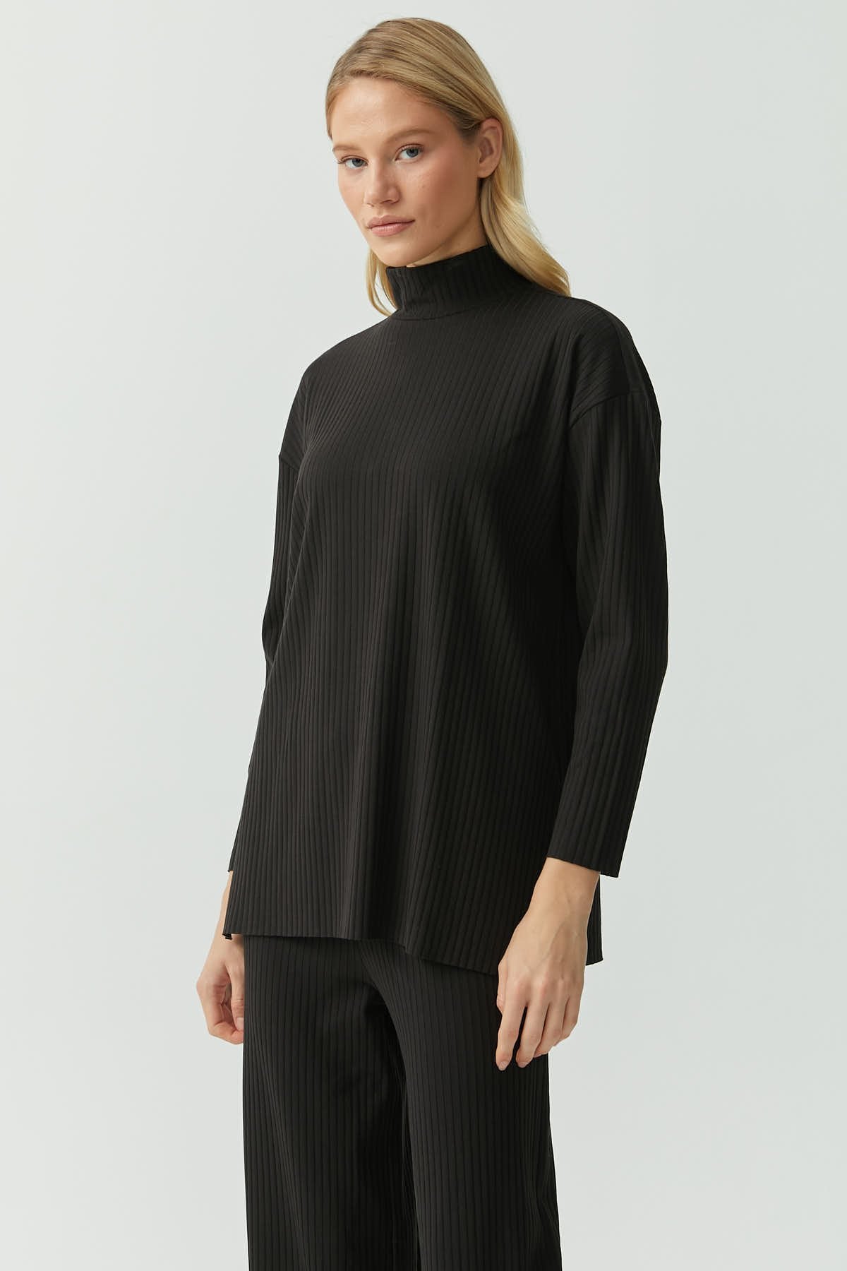 Stand Collar Ribbed Blouse