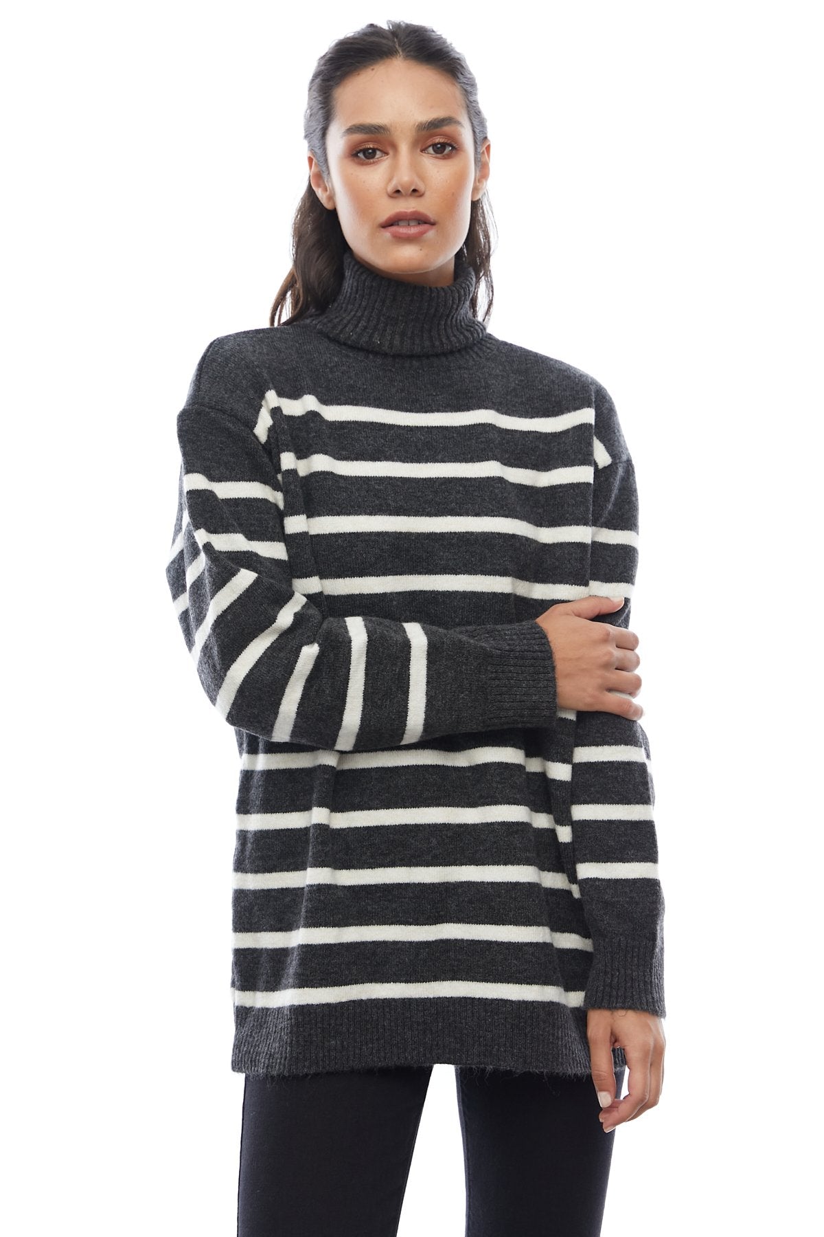 Women's Striped Turtleneck Knit Sweater