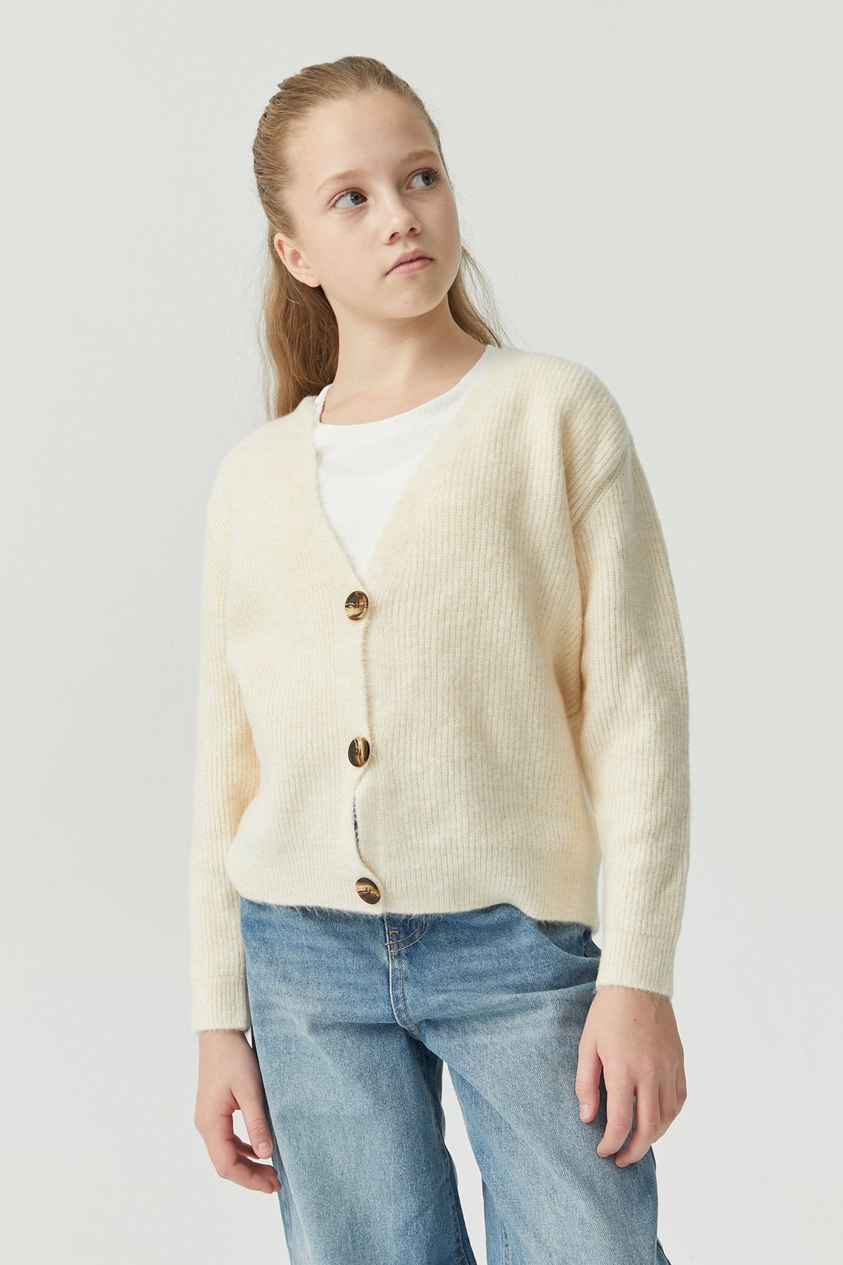 Girl's Buttoned Ribbed Knit Cardigan