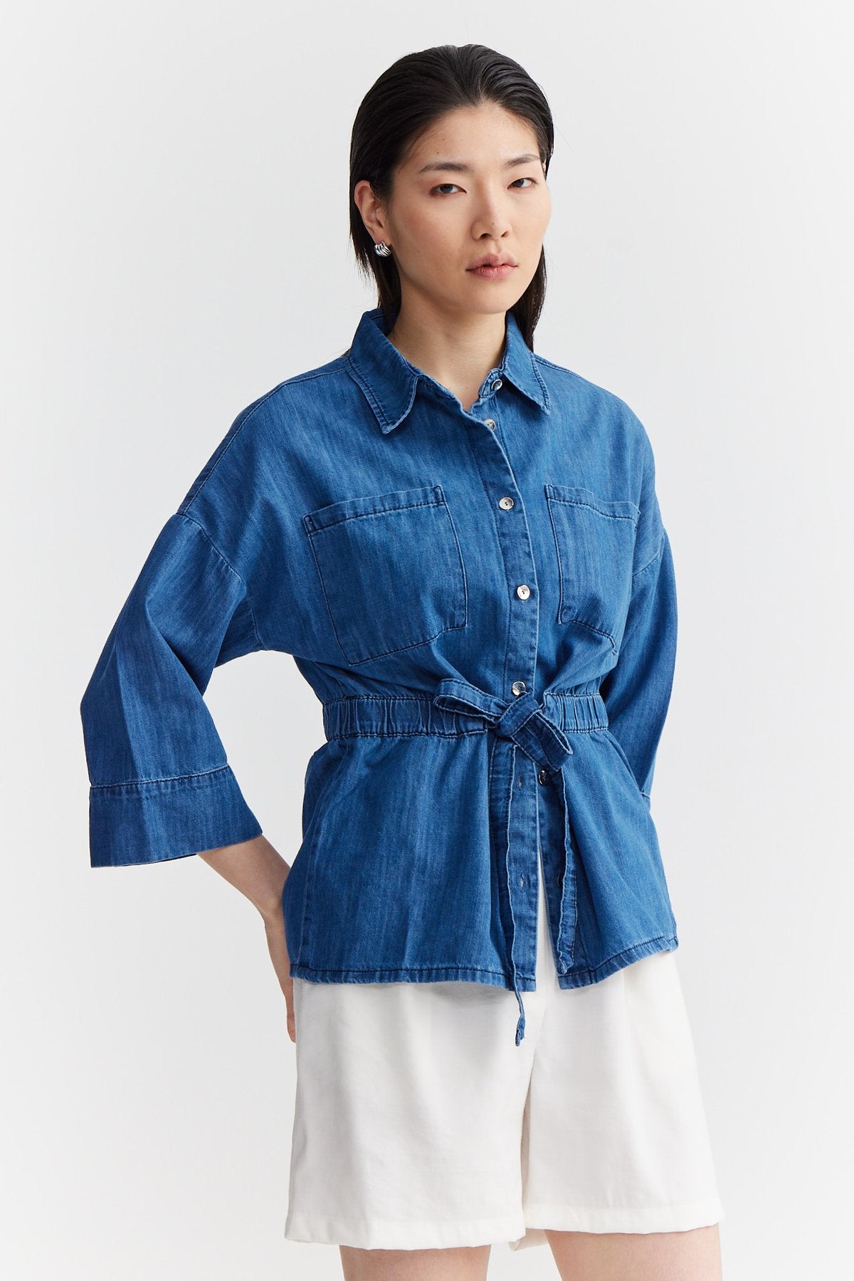 Women's Pocketed Tied Waist Denim Shirt