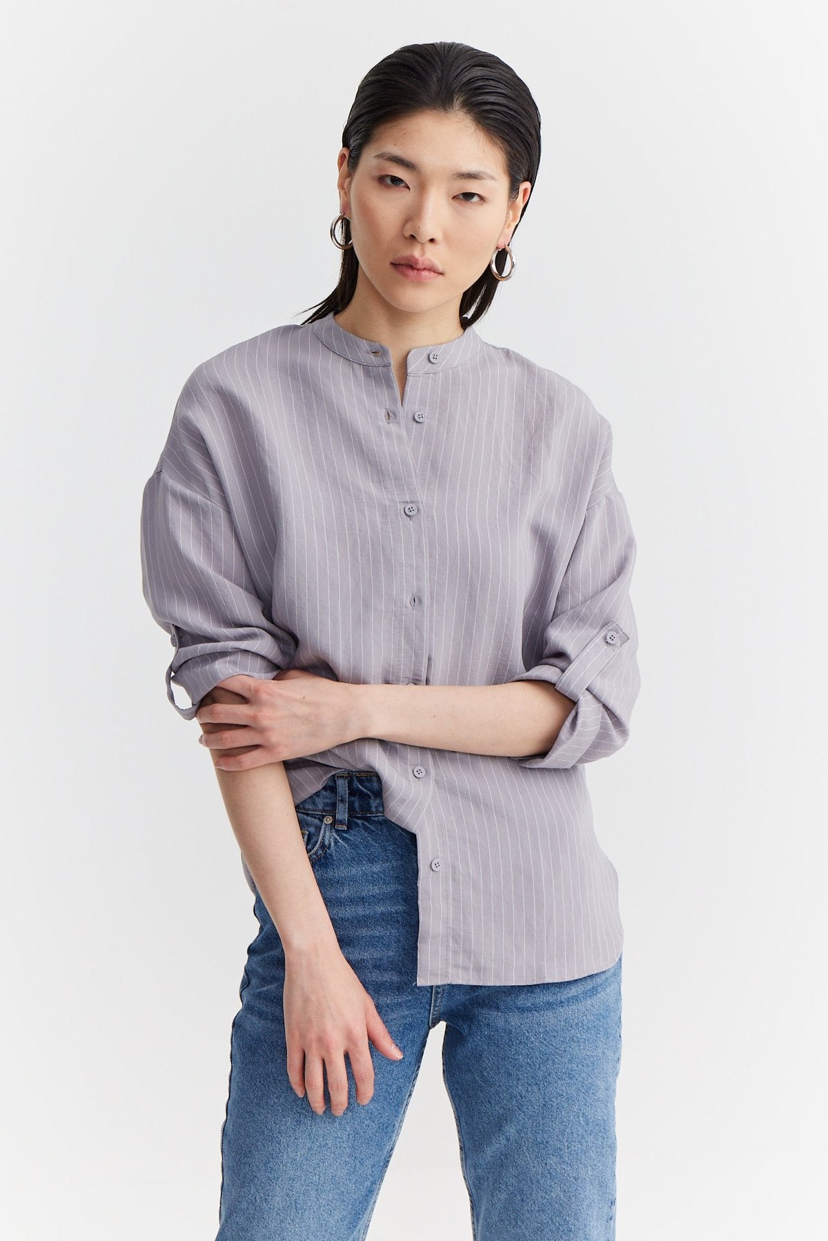 Women's Stripe Detailed Turn-down Collar Shirt