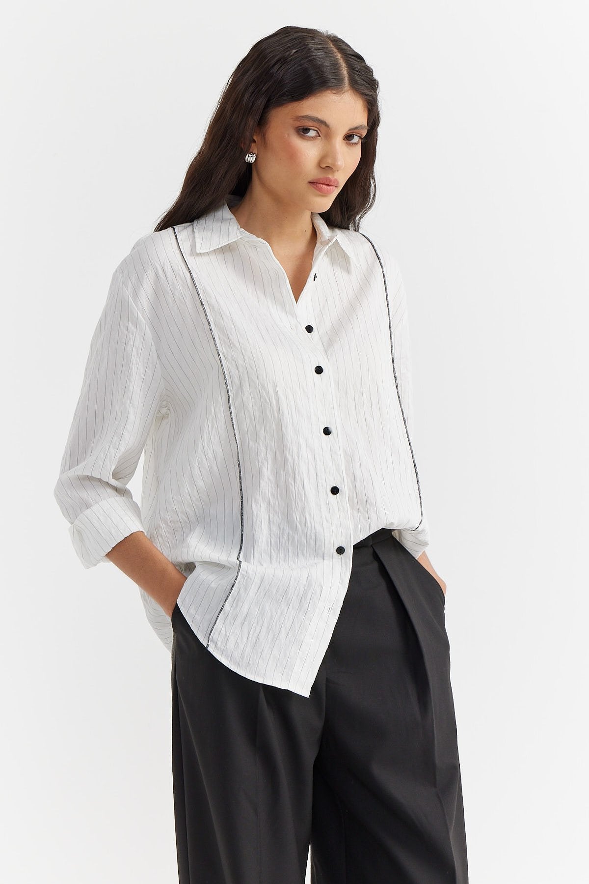 Women's Striped Shirt with Stitching Details